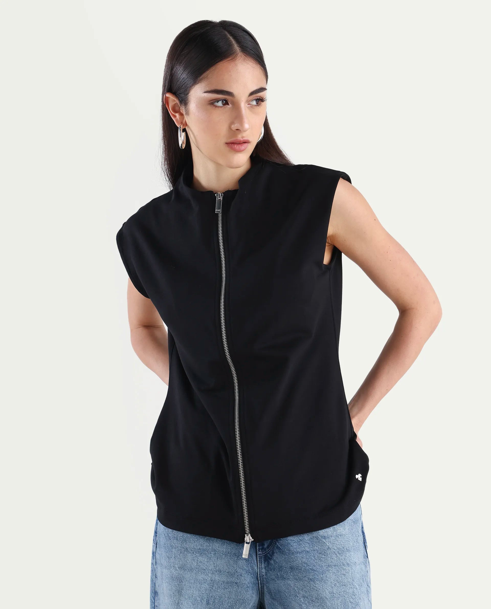 Rareism Women's Zuria Black Cotton Blend High Neck Dyed Extended Sleeves Relaxed Fit Sweatshirt