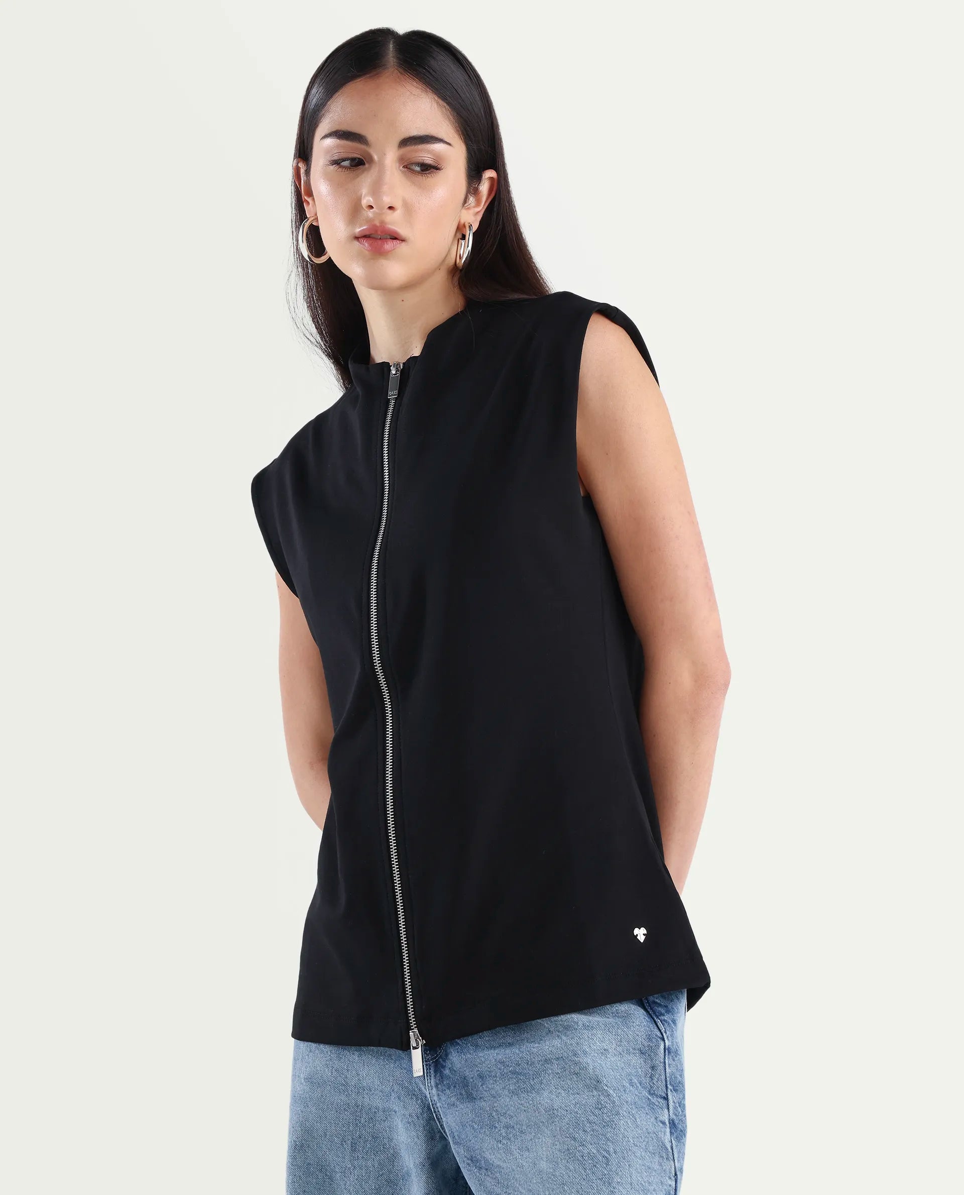 Rareism Women's Zuria Black Cotton Blend High Neck Dyed Extended Sleeves Relaxed Fit Sweatshirt