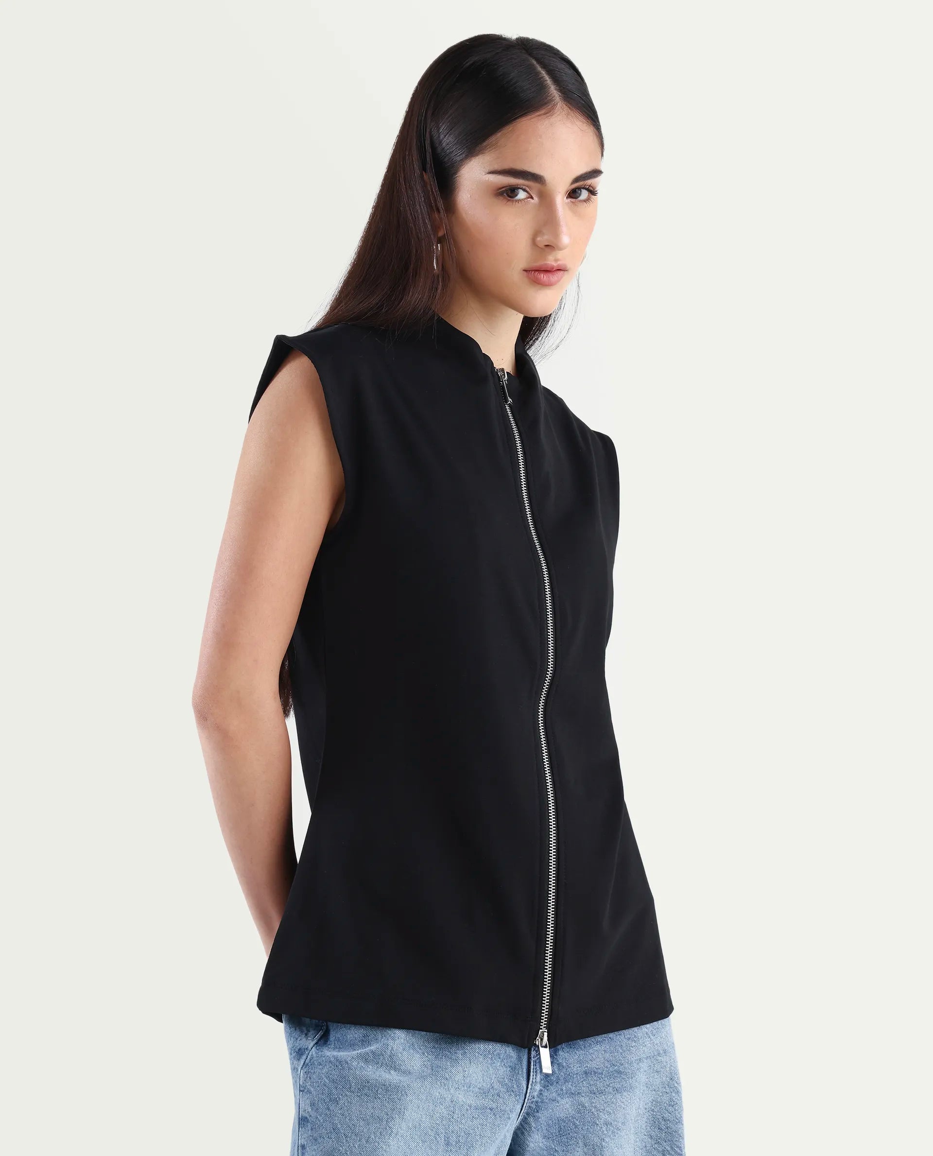 Rareism Women's Zuria Black Cotton Blend High Neck Dyed Extended Sleeves Relaxed Fit Sweatshirt