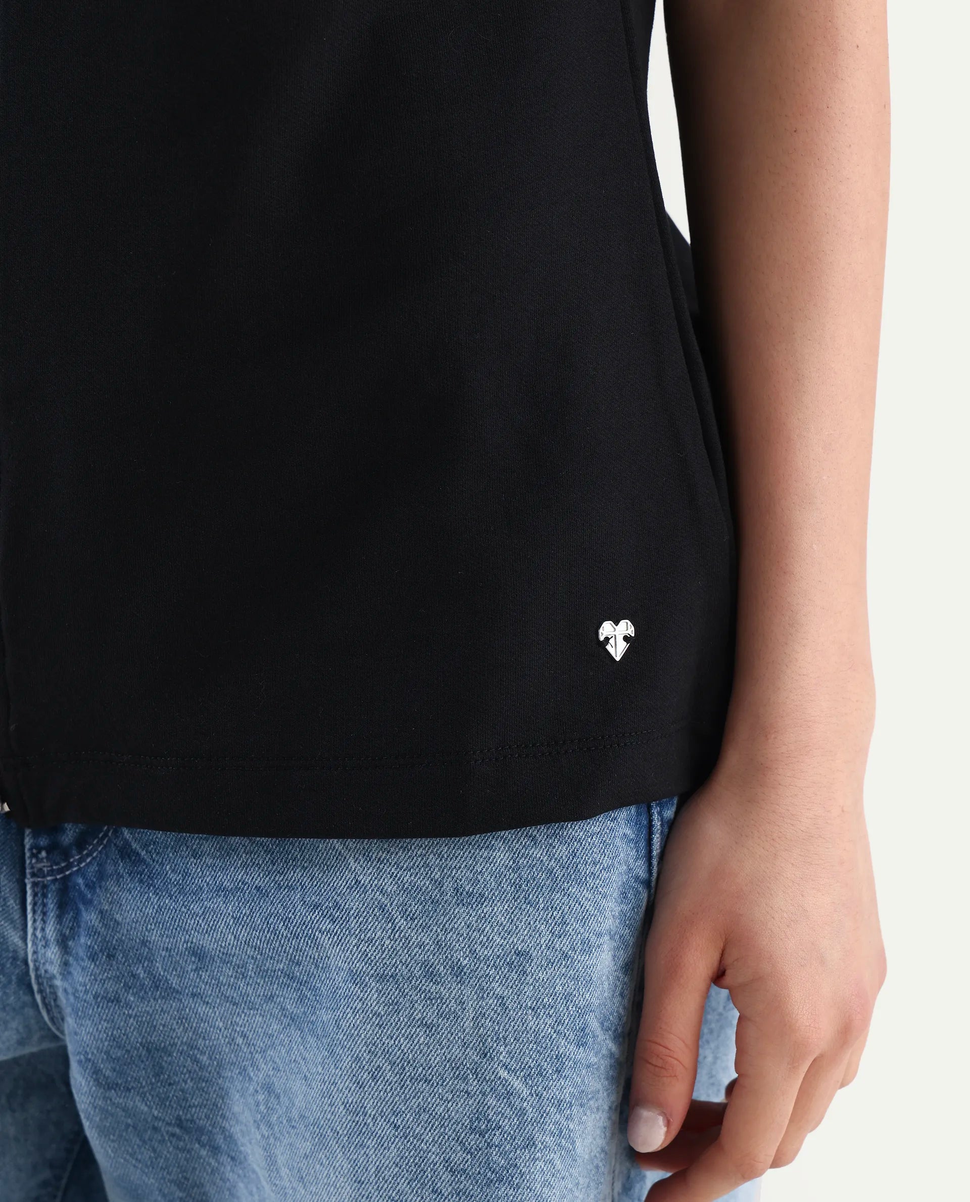 Rareism Women's Zuria Black Cotton Blend High Neck Dyed Extended Sleeves Relaxed Fit Sweatshirt