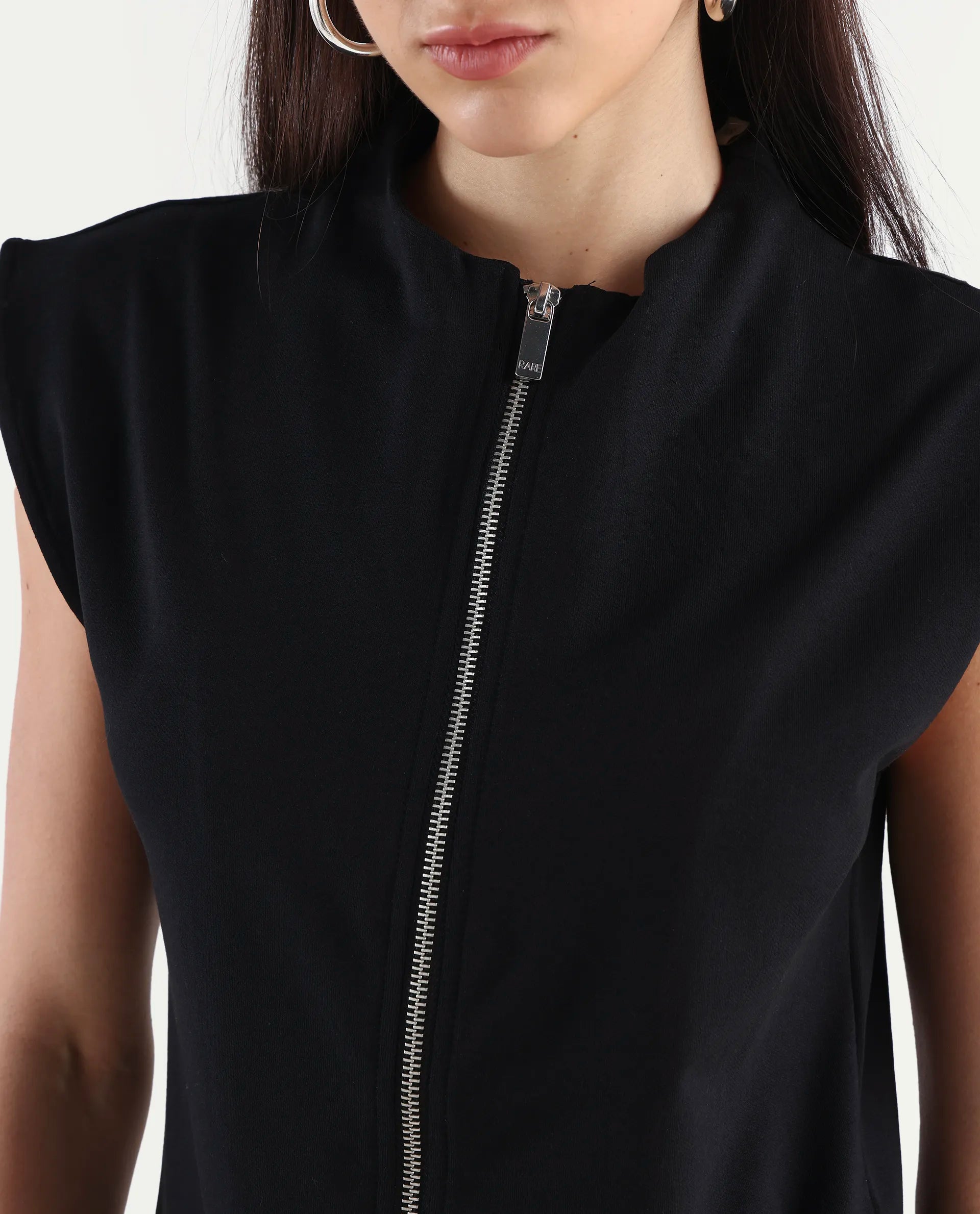 Rareism Women's Zuria Black Cotton Blend High Neck Dyed Extended Sleeves Relaxed Fit Sweatshirt