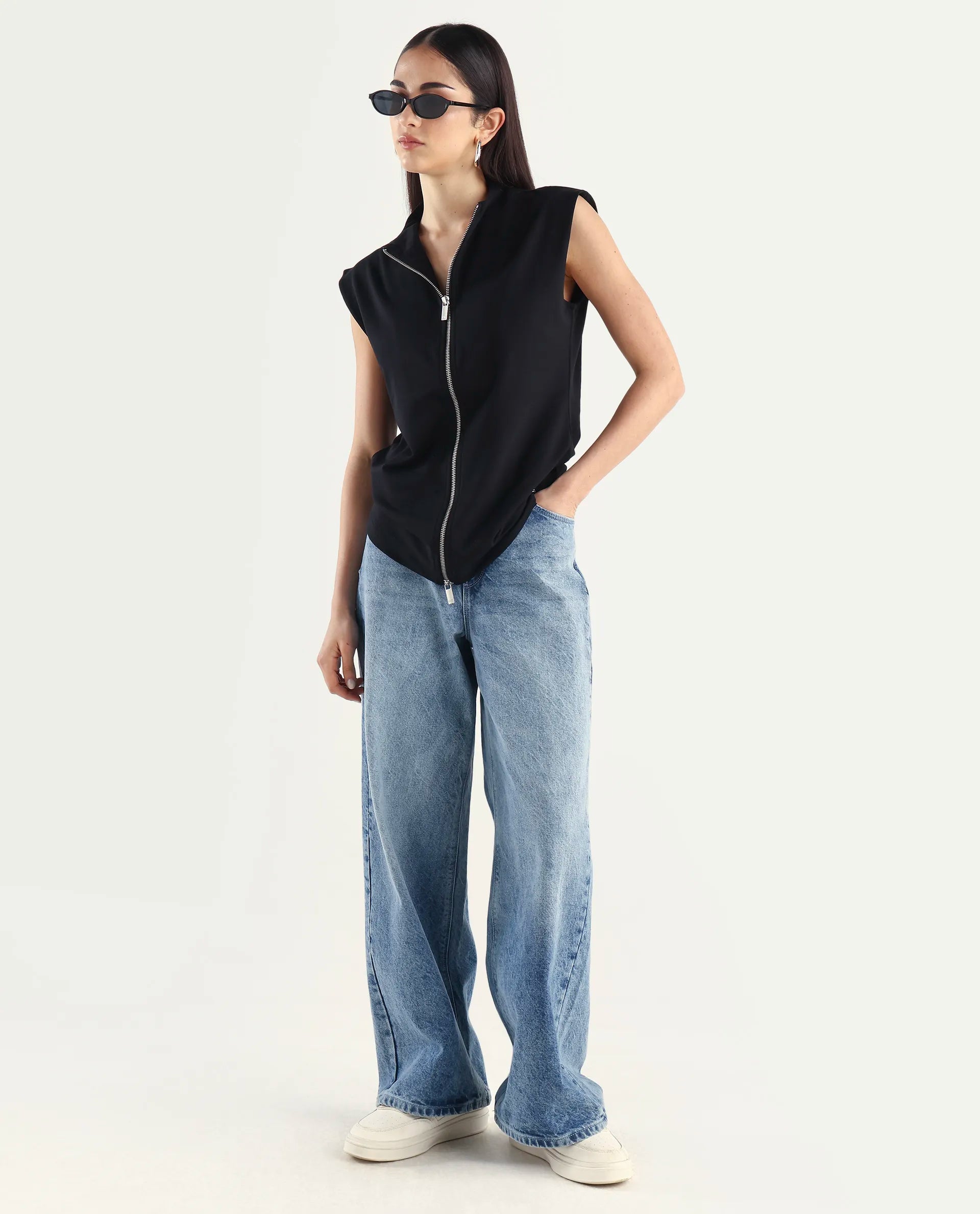 Rareism Women's Zuria Black Cotton Blend High Neck Dyed Extended Sleeves Relaxed Fit Sweatshirt