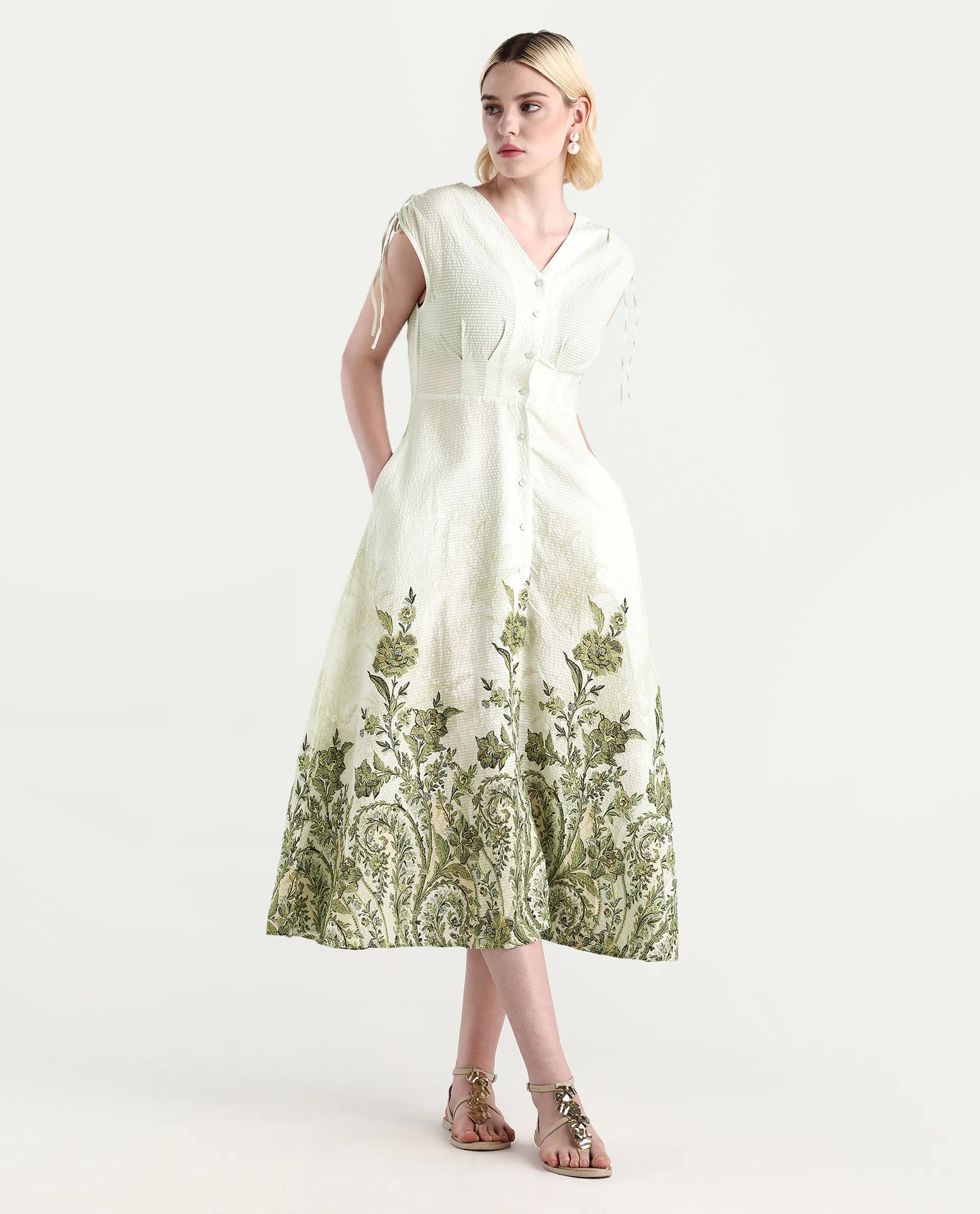 Rareism Women's Zurumi Light Green Cotton V-Neck Paisley Print Midi Regular Fit Dress