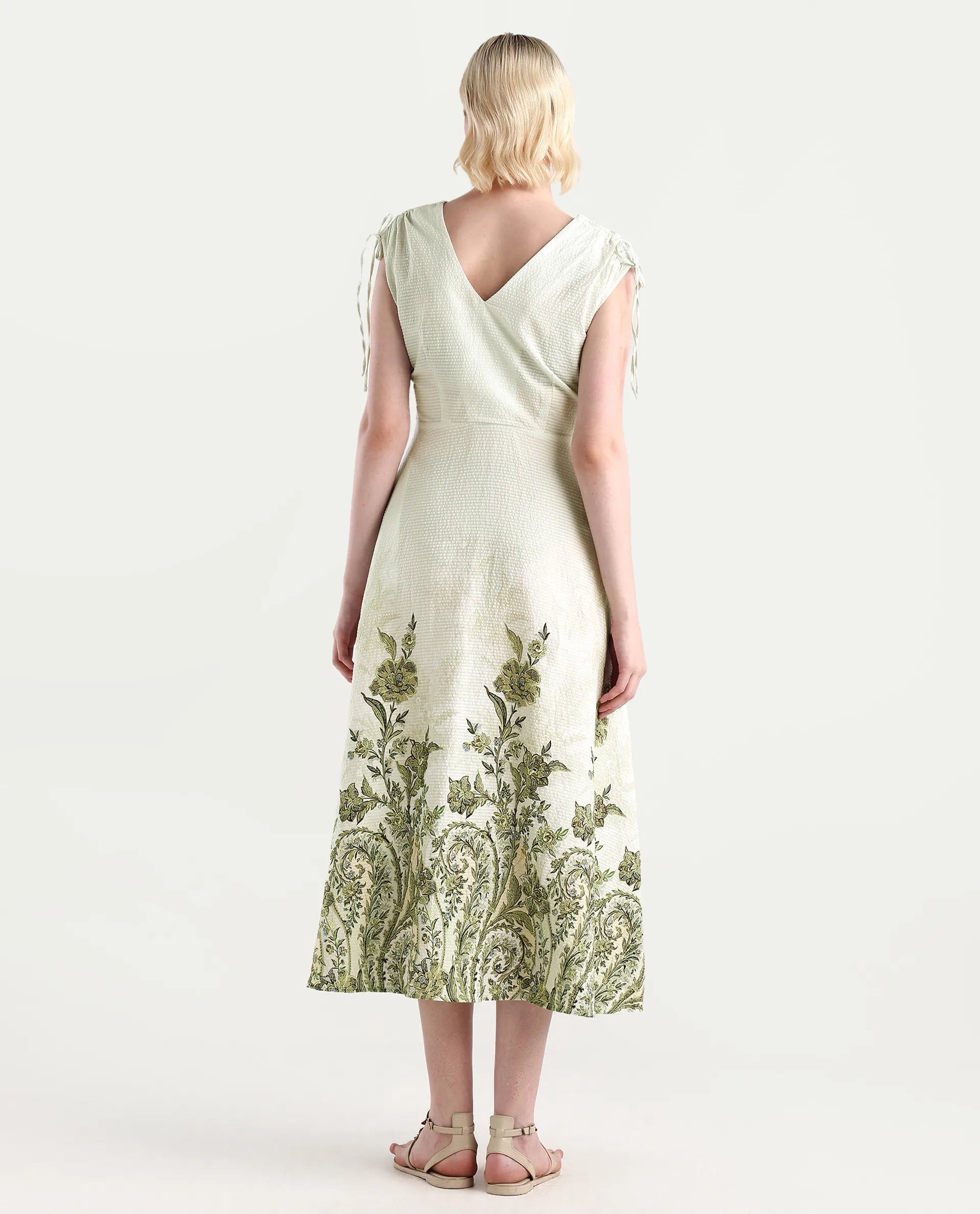 Rareism Women's Zurumi Light Green Cotton V-Neck Paisley Print Midi Regular Fit Dress