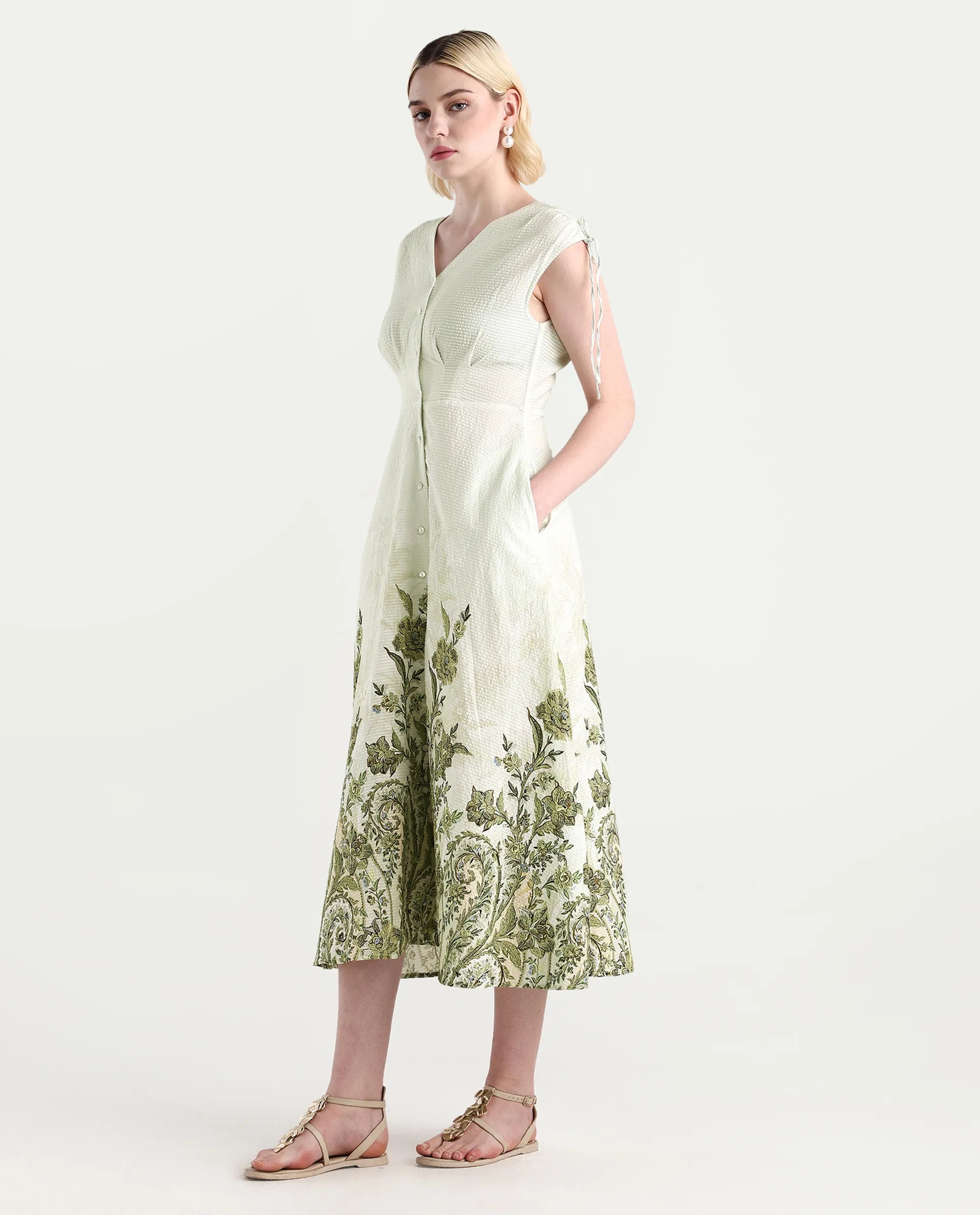 Rareism Women's Zurumi Light Green Cotton V-Neck Paisley Print Midi Regular Fit Dress