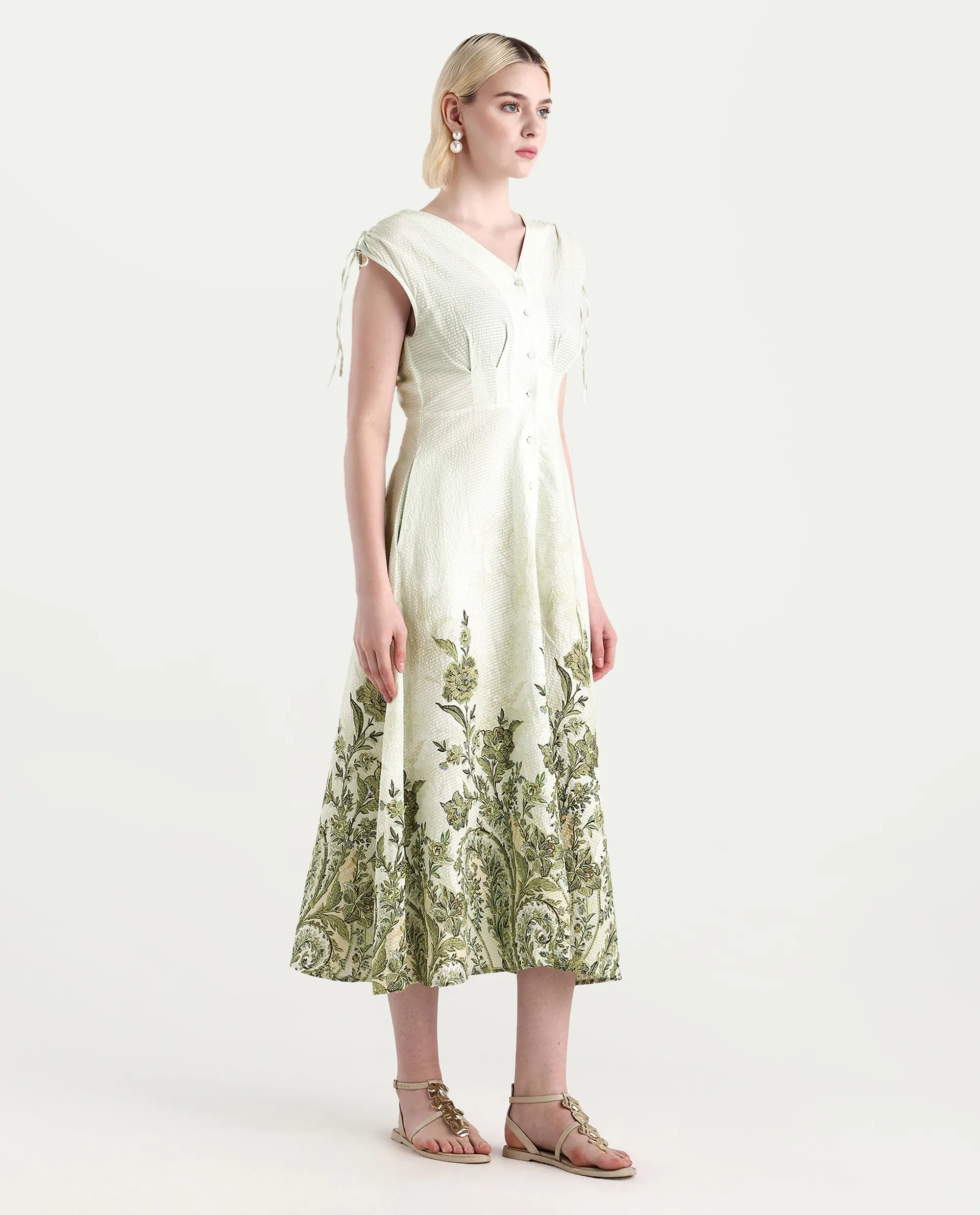 Rareism Women's Zurumi Light Green Cotton V-Neck Paisley Print Midi Regular Fit Dress