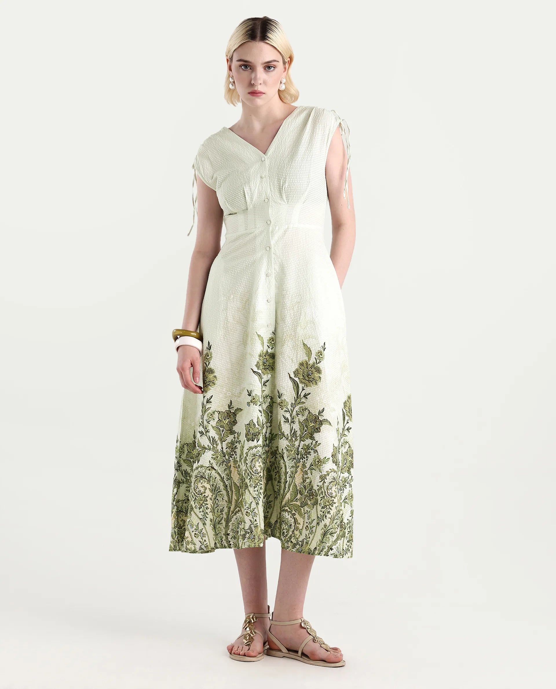 Rareism Women's Zurumi Light Green Cotton V-Neck Paisley Print Midi Regular Fit Dress