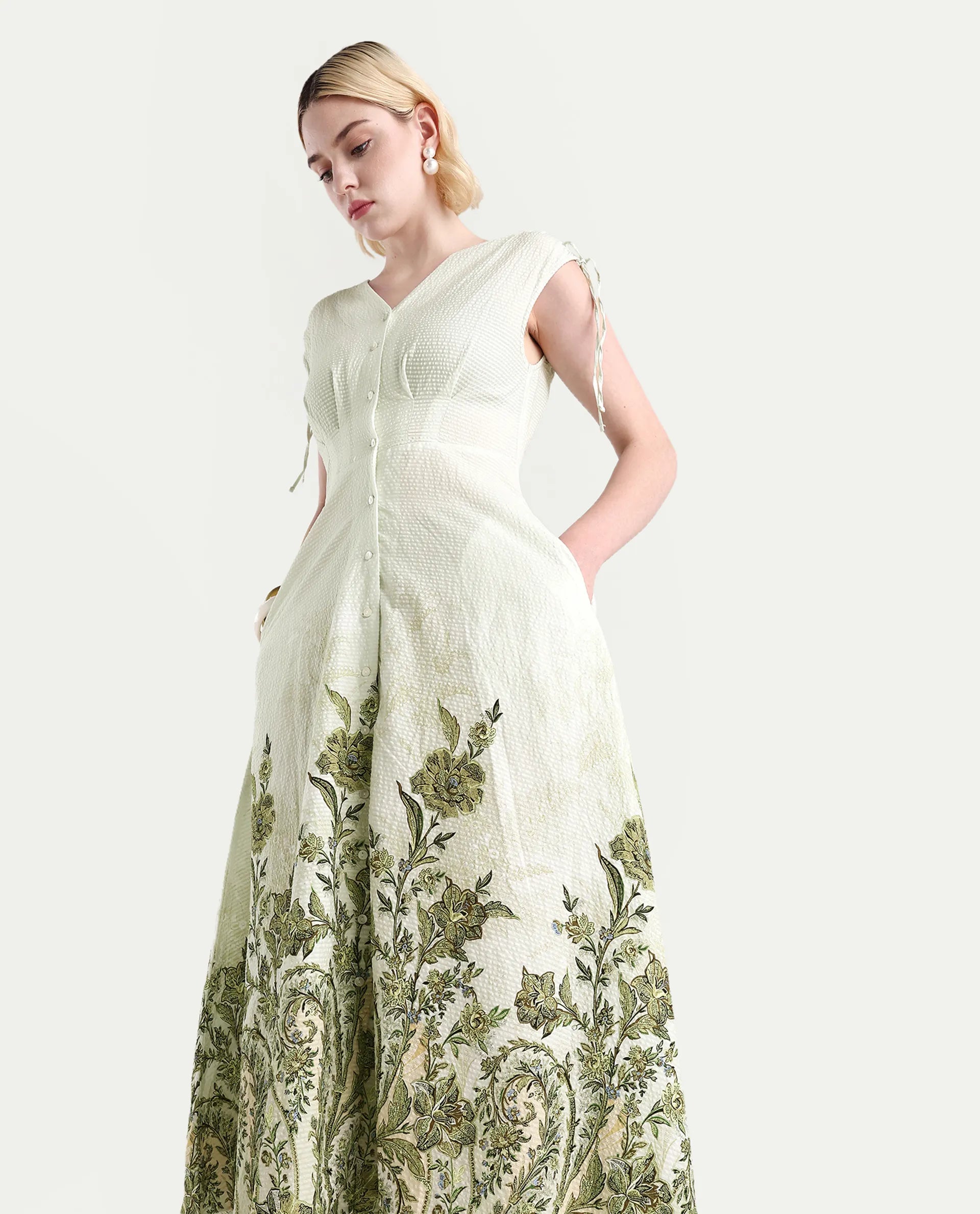 Rareism Women's Zurumi Light Green Cotton V-Neck Paisley Print Midi Regular Fit Dress