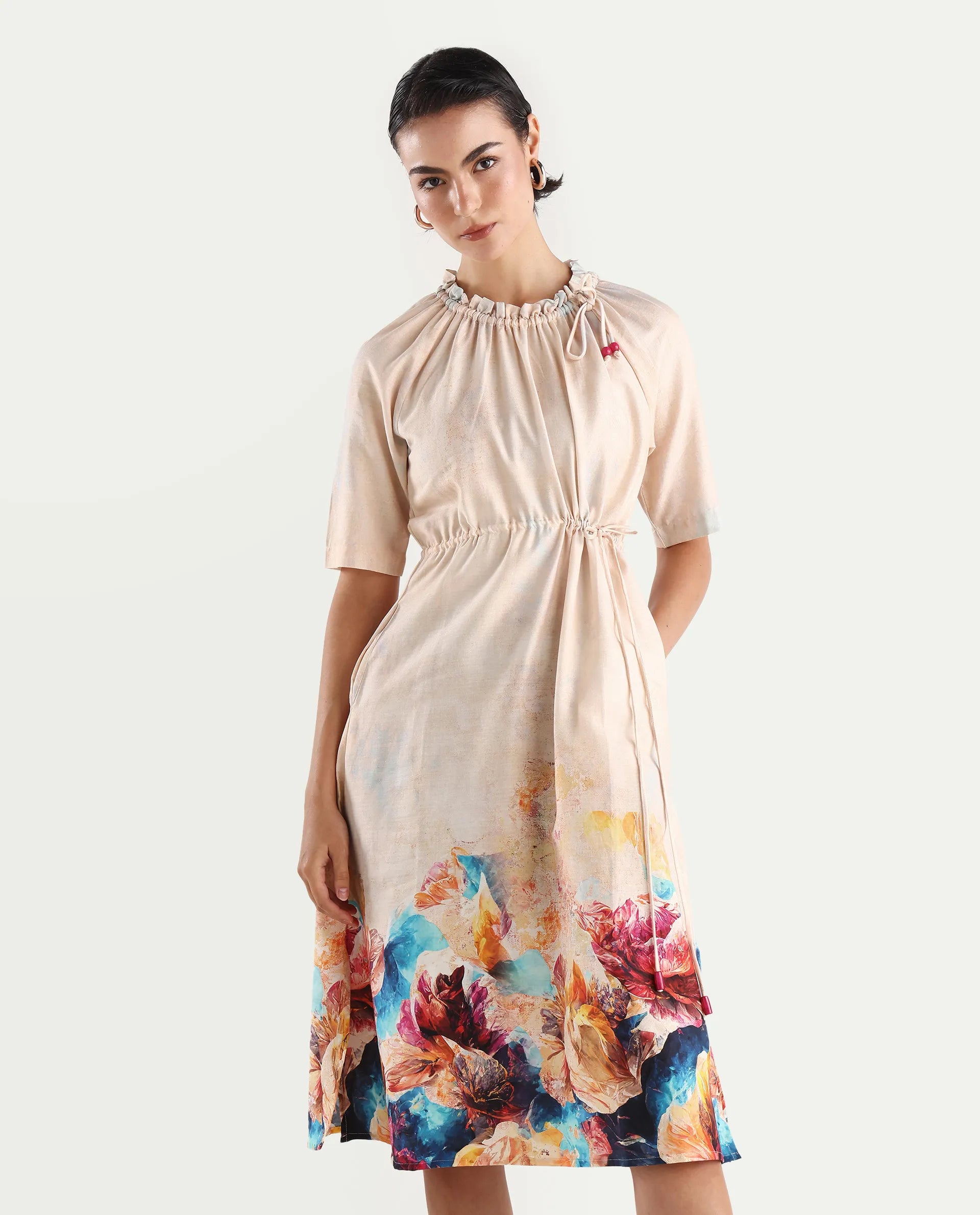 Rareism Women's Zushi Multi Cotton Blend Ruffled Neck Floral Print Raglan Sleeve Knee Length A-Line Dress