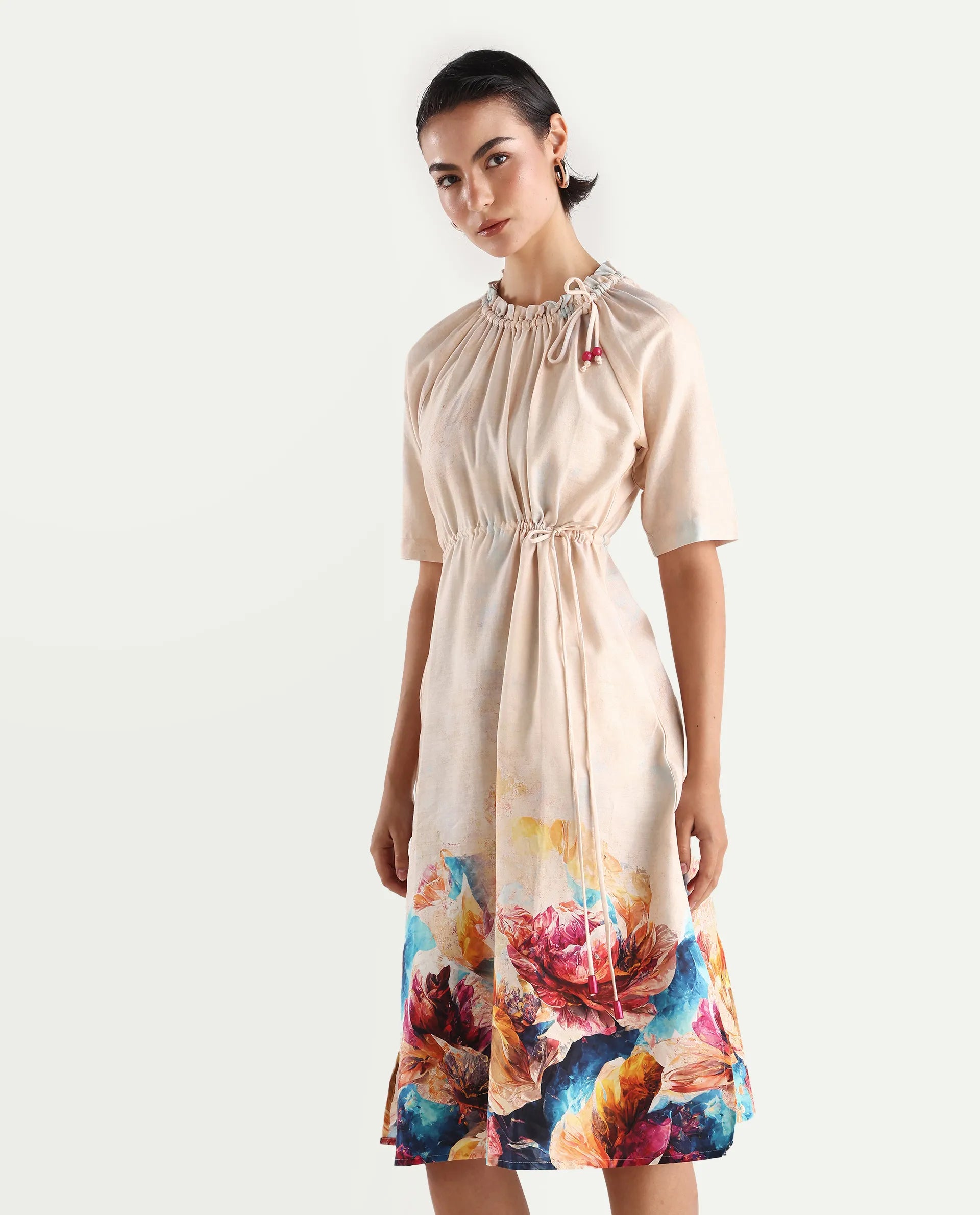 Rareism Women's Zushi Multi Cotton Blend Ruffled Neck Floral Print Raglan Sleeve Knee Length A-Line Dress