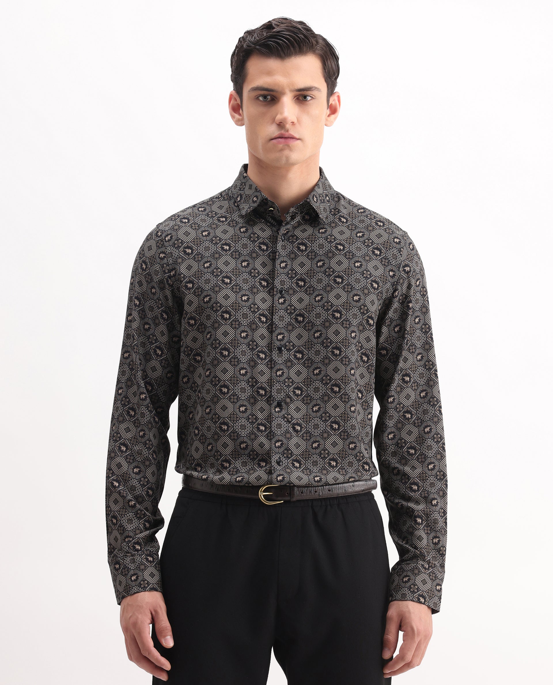 Rare Rabbit Men's Zynor Black Viscose Geometric Print Regular Fit Full Sleeve Collared Shirt