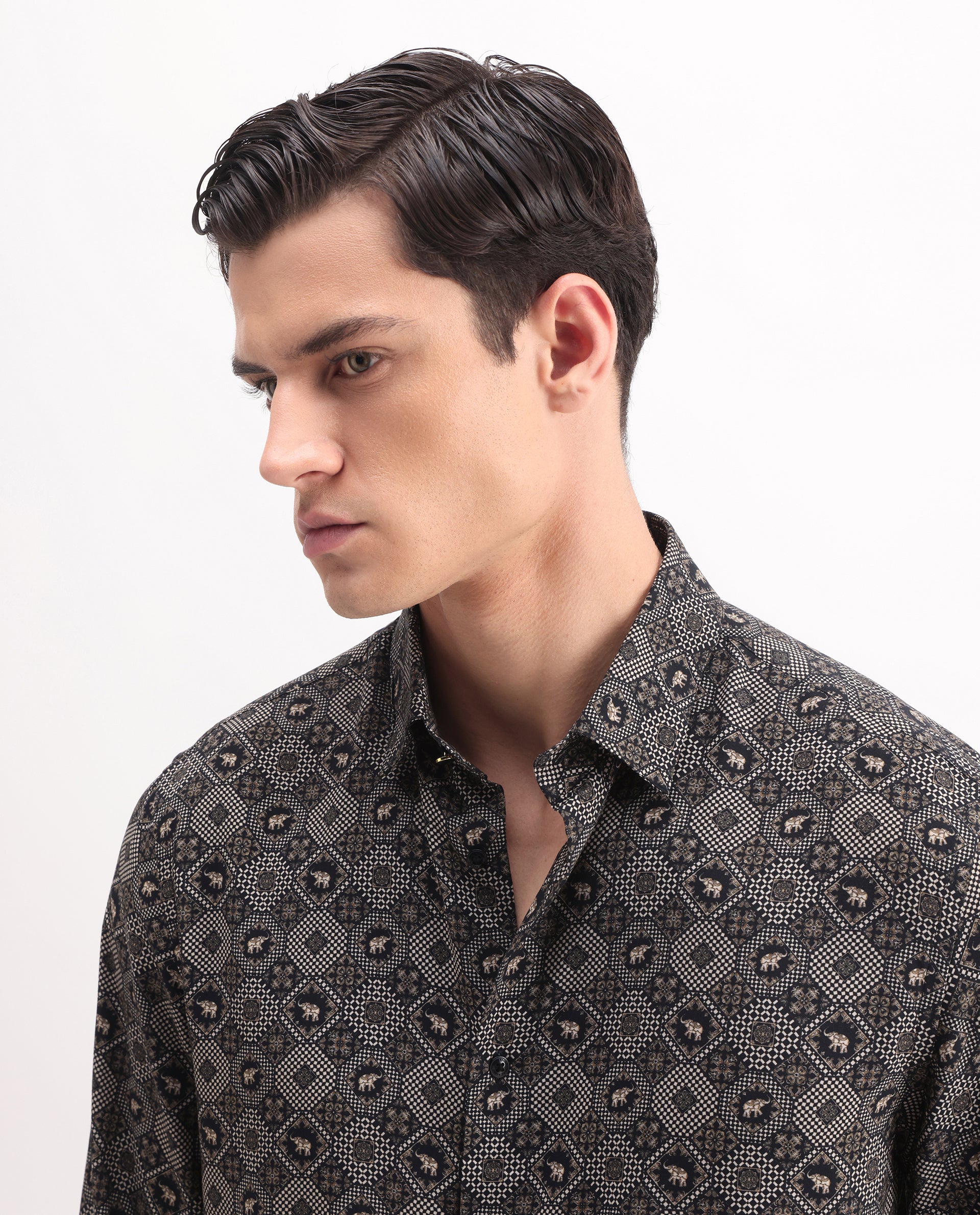 Rare Rabbit Men's Zynor Black Viscose Geometric Print Regular Fit Full Sleeve Collared Shirt