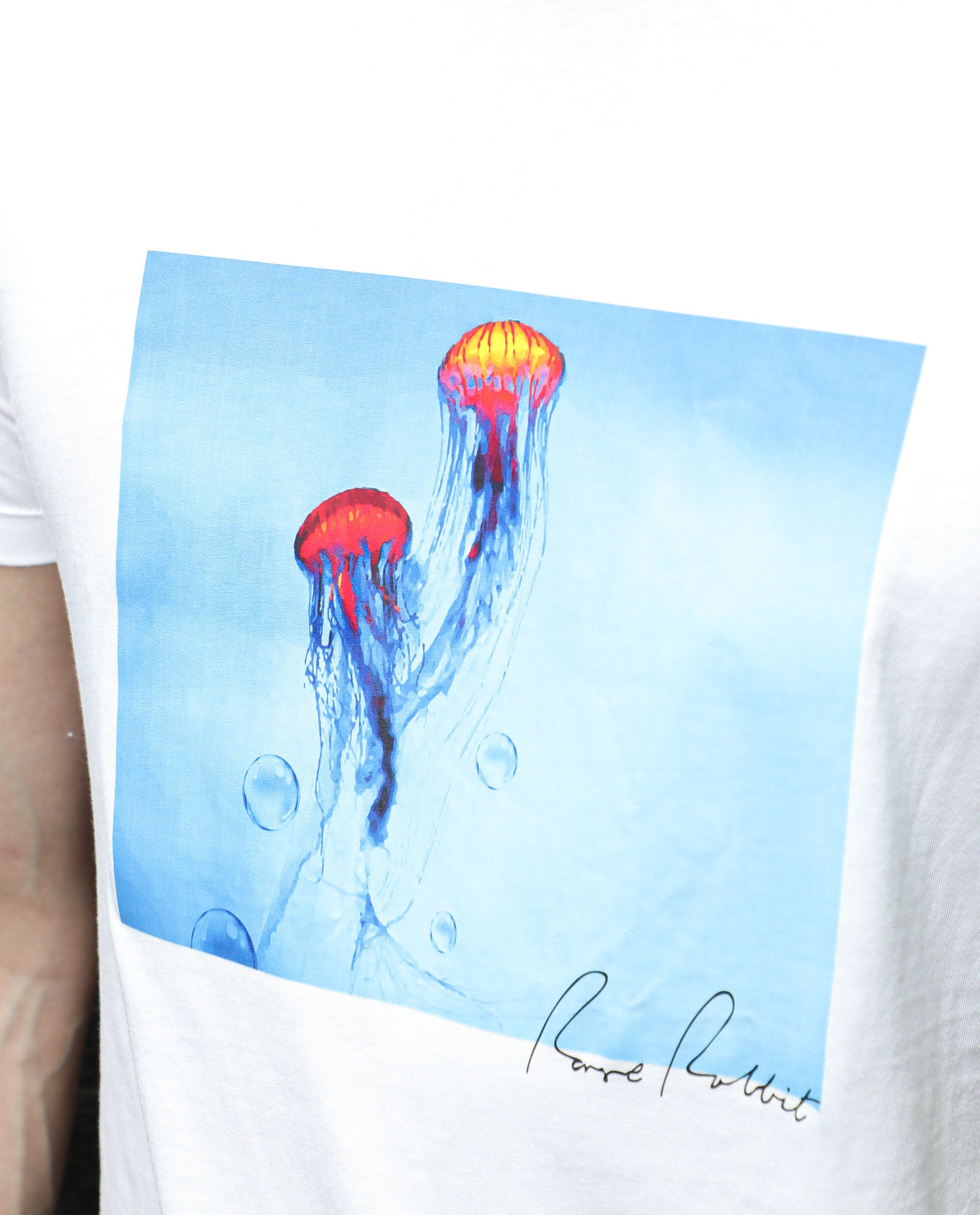 Rare Rabbit Men's Brad White Crew Neck Discharge Graphic Print Half Sleeves Regular Fit T-Shirt