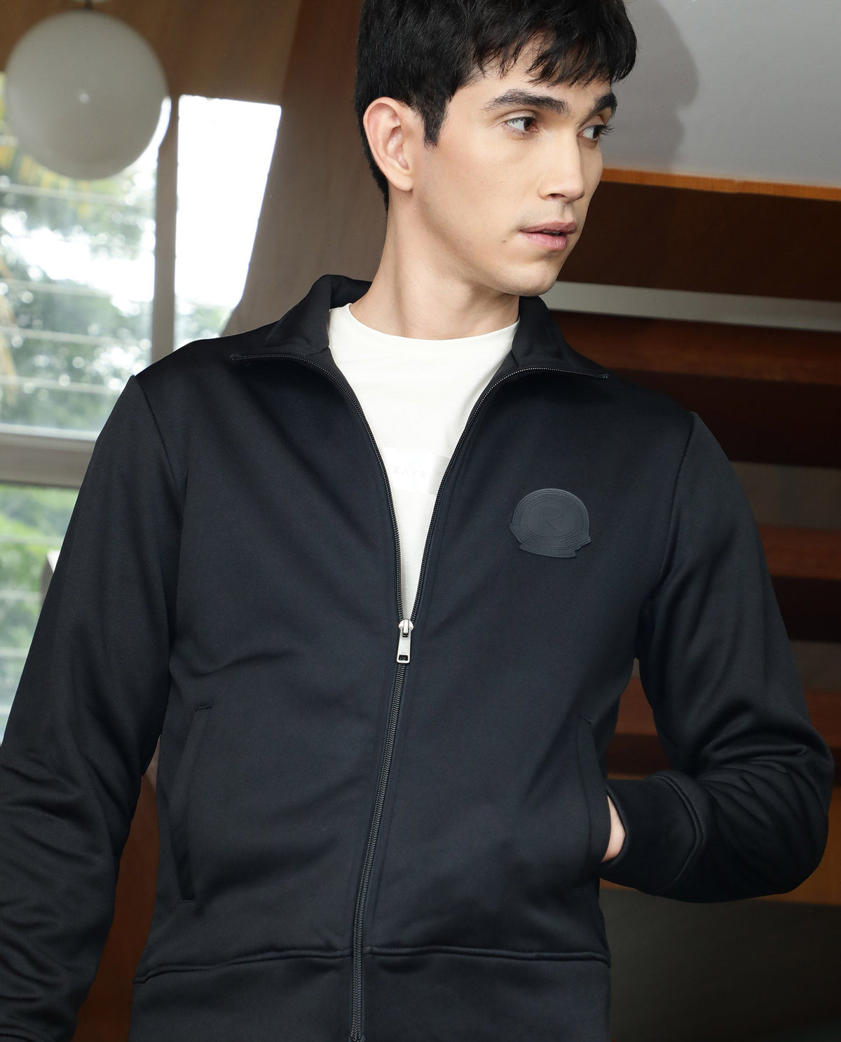RARE RABBIT BOND PRIMARY BLACK JACKET POLYESTER FABRIC FULL SLEEVE MOCK COLLAR SLIM FIT