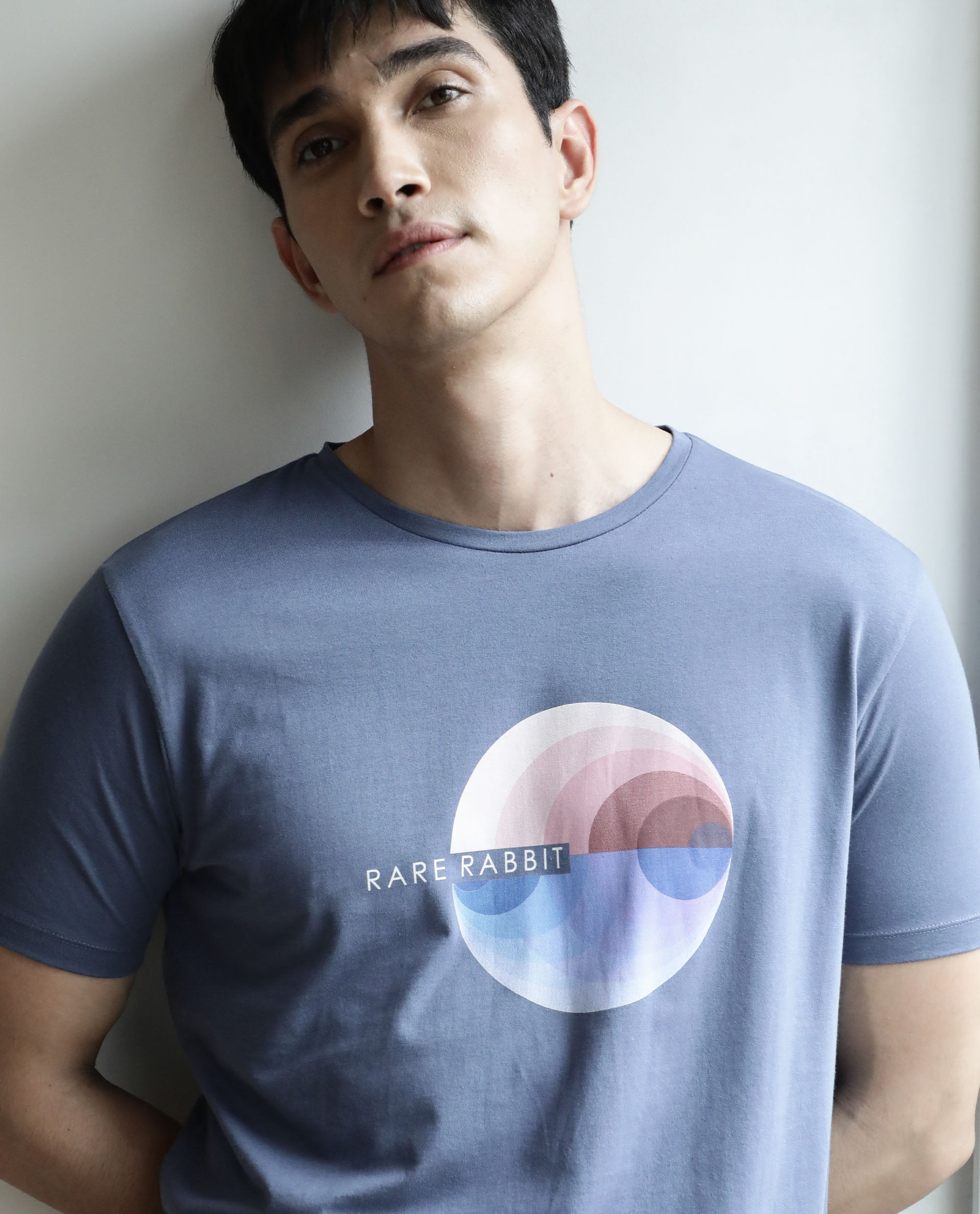 Rare Rabbit Men's View Blue Crew Neck Graphic Printed Half Sleeves Slim Fit T-Shirt