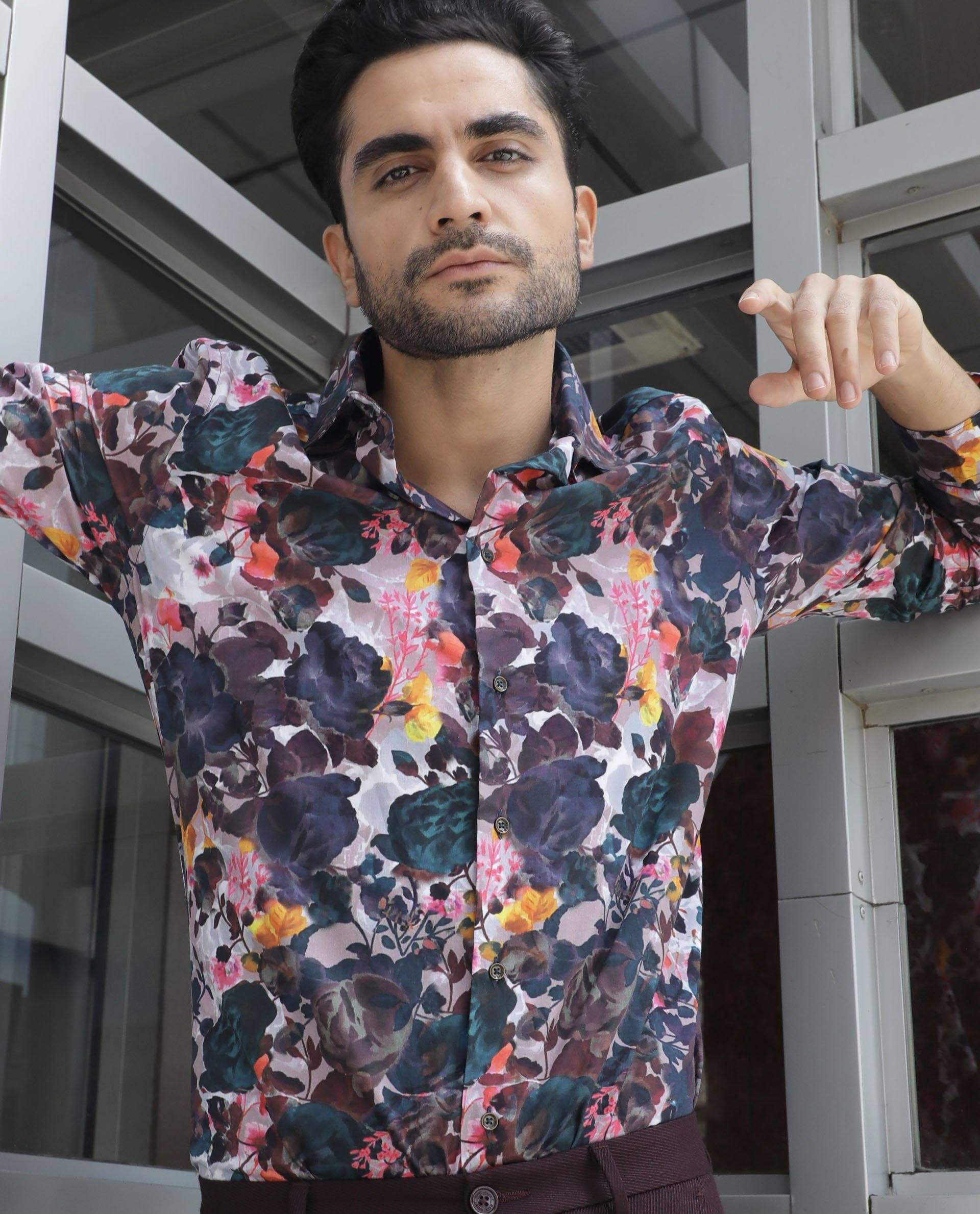 Rare Rabbit Men's Drakee White Cotton Fabric Floral Print Full Sleeves Shirt