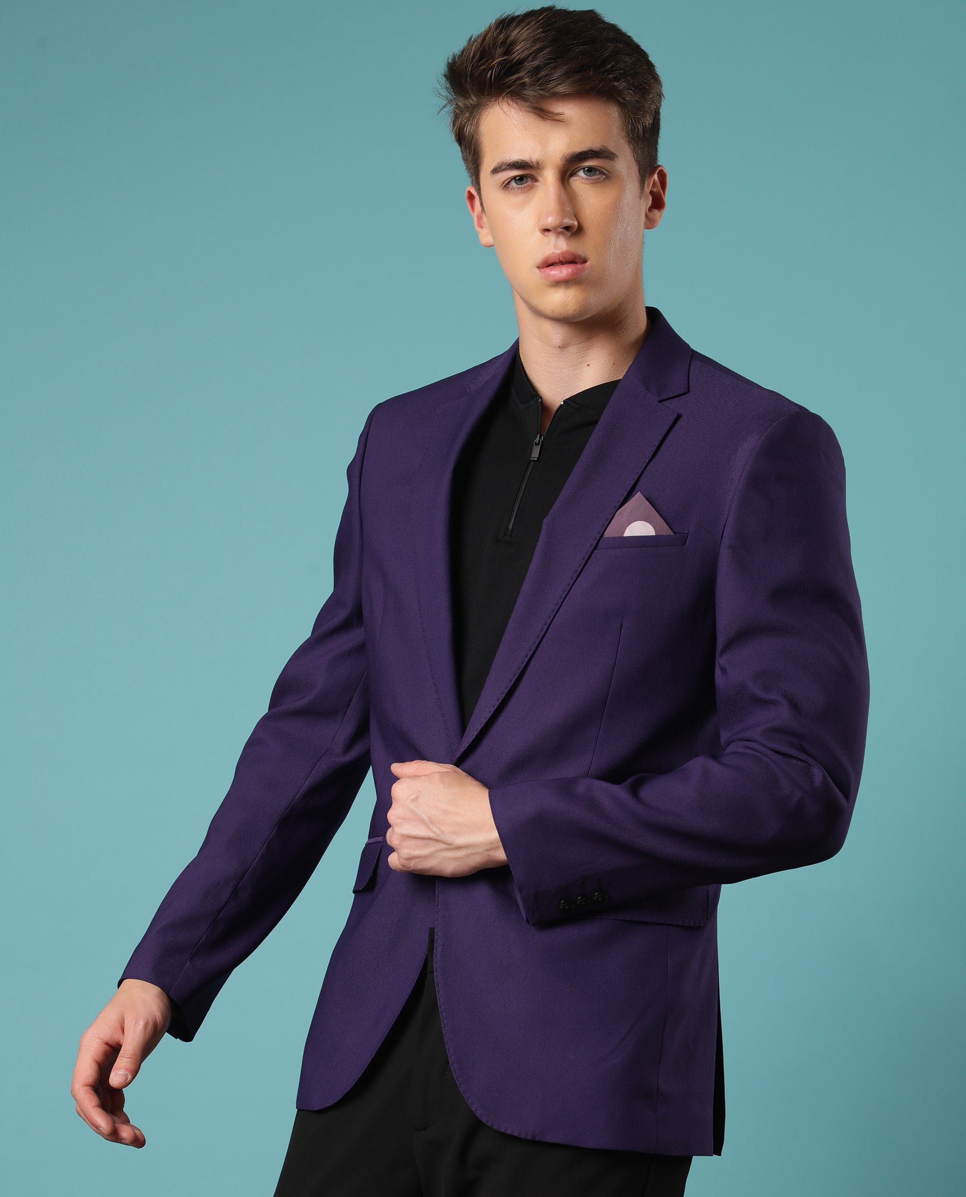 Rare Rabbit Men's Bart Purple Polyester Viscose Fabric Notch Lapel Single Breasted Tailored Fit Solid Blazer