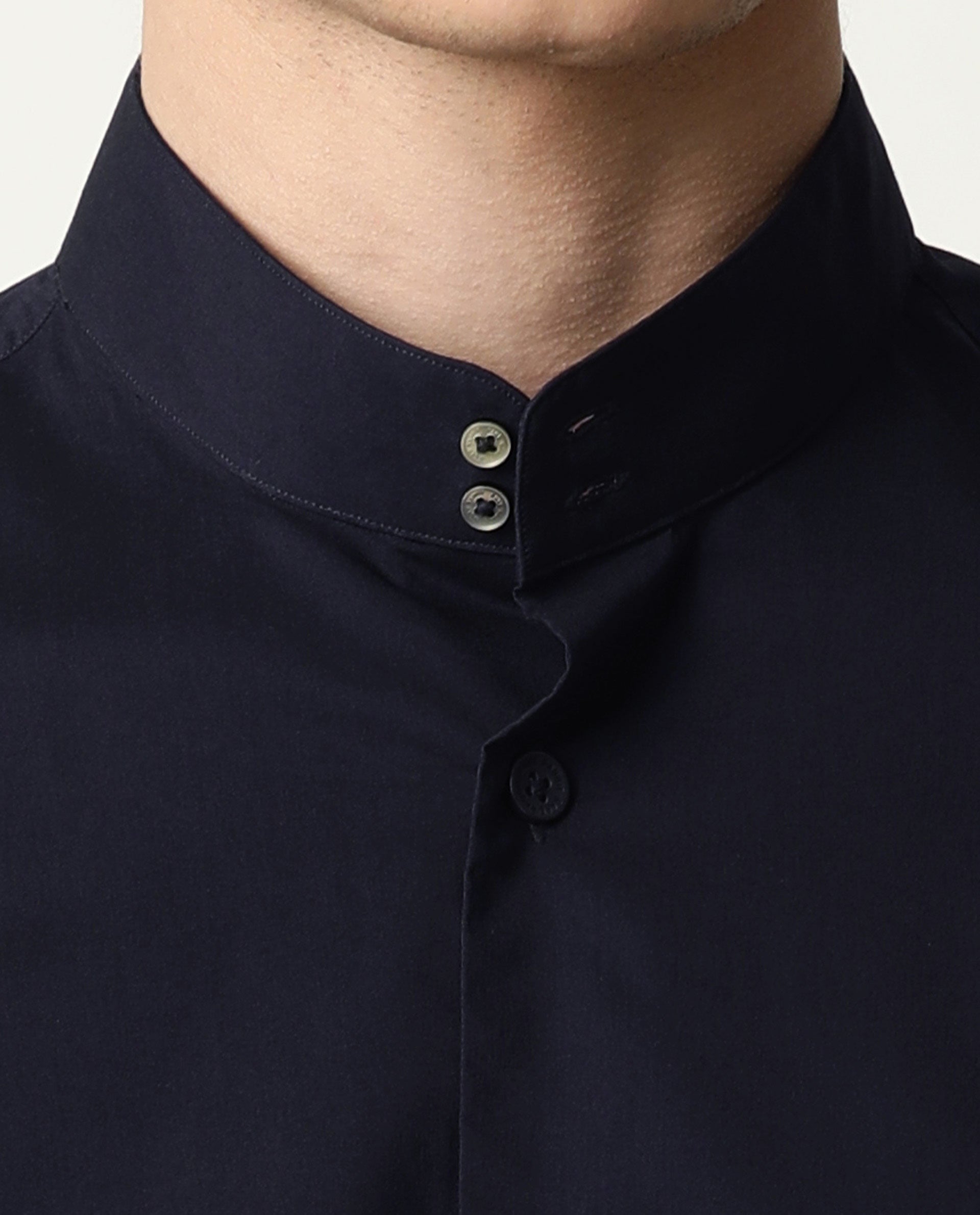 Rare Rabbit Men's Shiro Navy Poplin High Neck Mandarin Collar Half Sleeves Solid Shirt