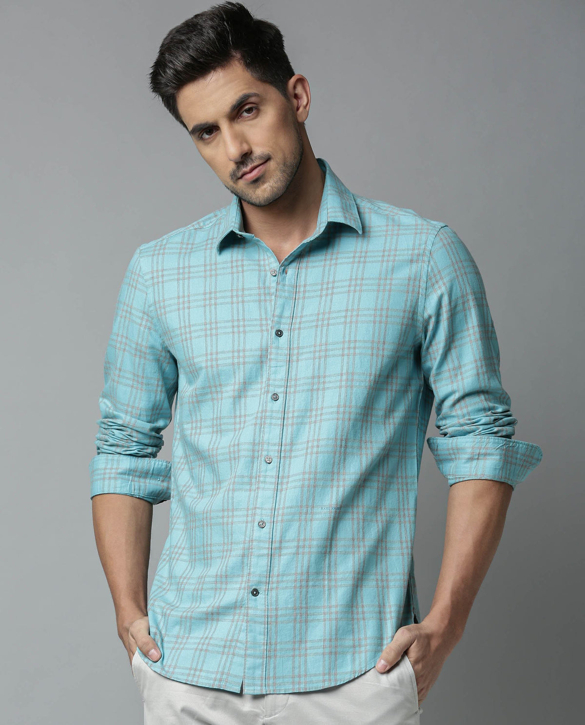 RARE RABBIT MEN'S DARENN TURQ SHIRT FULL SLEEVES CHECKS SLIM FIT