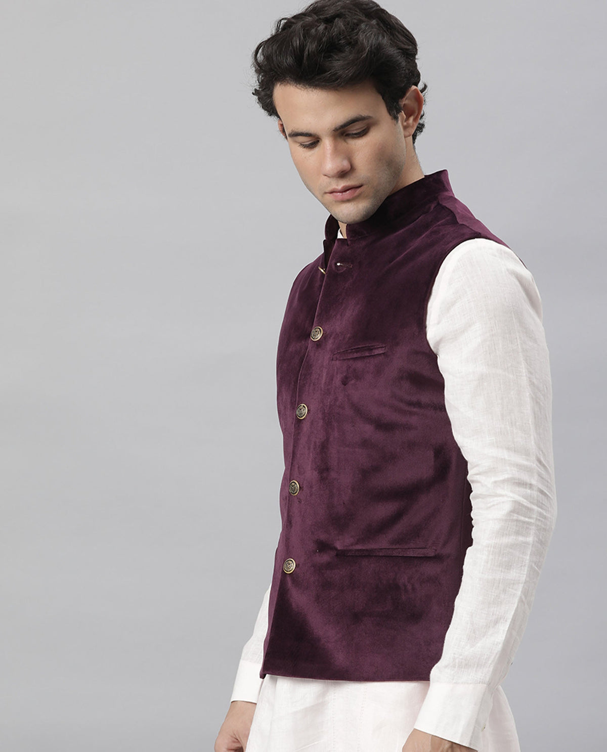 RARE RABBIT ERTON PRIMARY MAROON BANDHGALA POLYESTER FABRIC SLEEVELESS BROAD COLLAR SLIM FIT