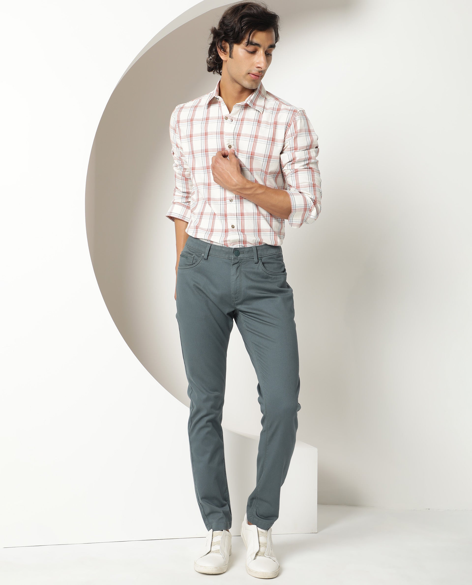 Rare Rabbit Men's Fernie Mustard Orange Fabric Full Sleeves Checks Shirt