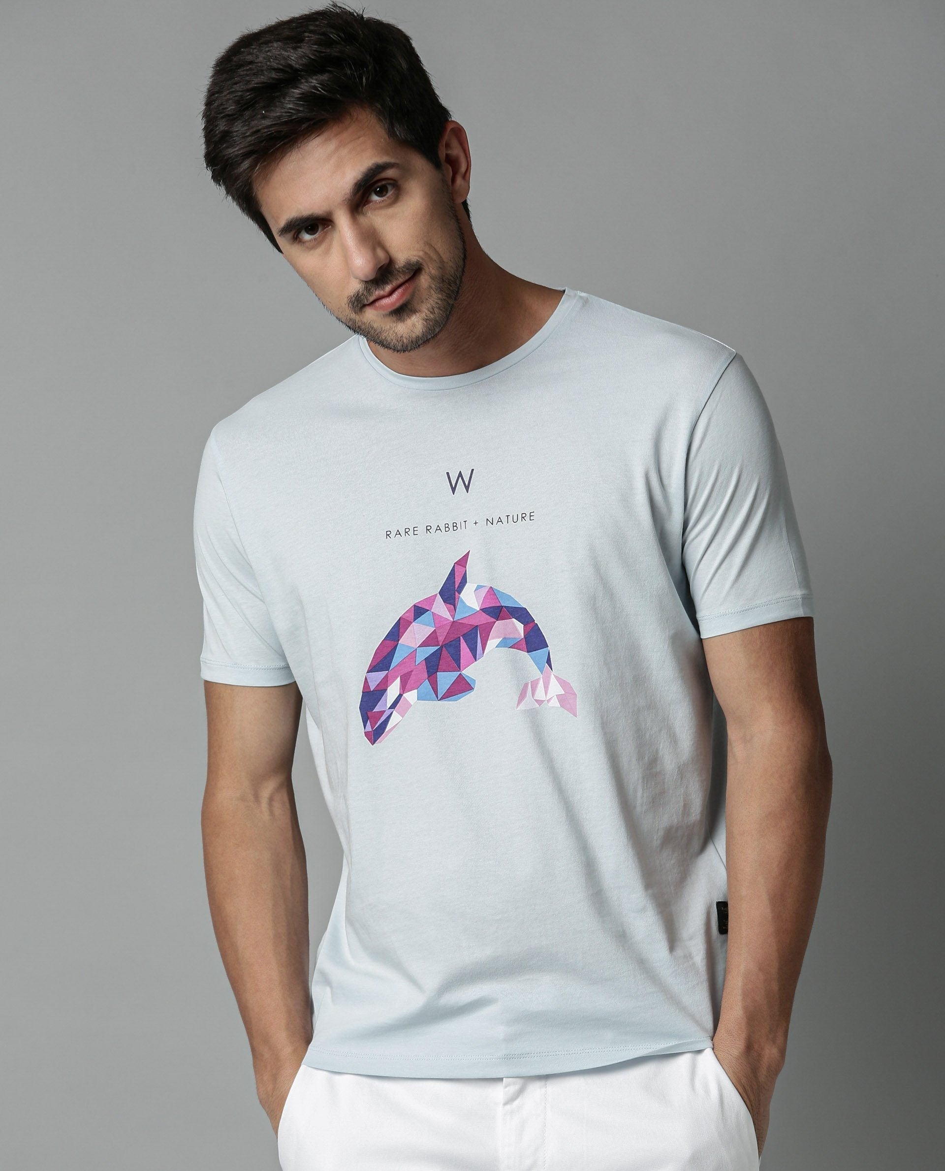 Rare Rabbit Men's Cause Blue Crew Neck Statement Graphic Print Half Sleeves Slim Fit T-Shirt