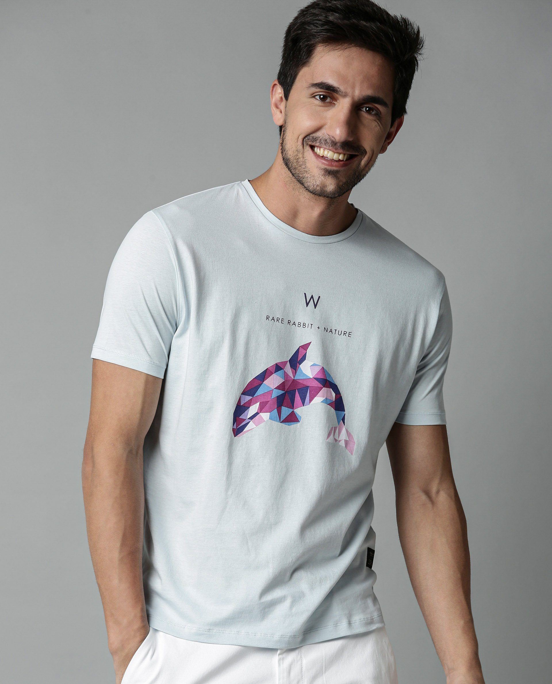 Rare Rabbit Men's Cause Blue Crew Neck Statement Graphic Print Half Sleeves Slim Fit T-Shirt