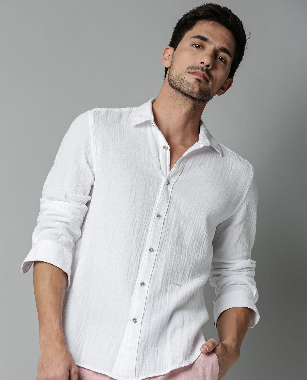 RARE RABBIT MEN'S LAYERR WHITE SHIRT COTTON FABRIC COLLARED NECK FULL SLEEVES BUTTON CLOSURE