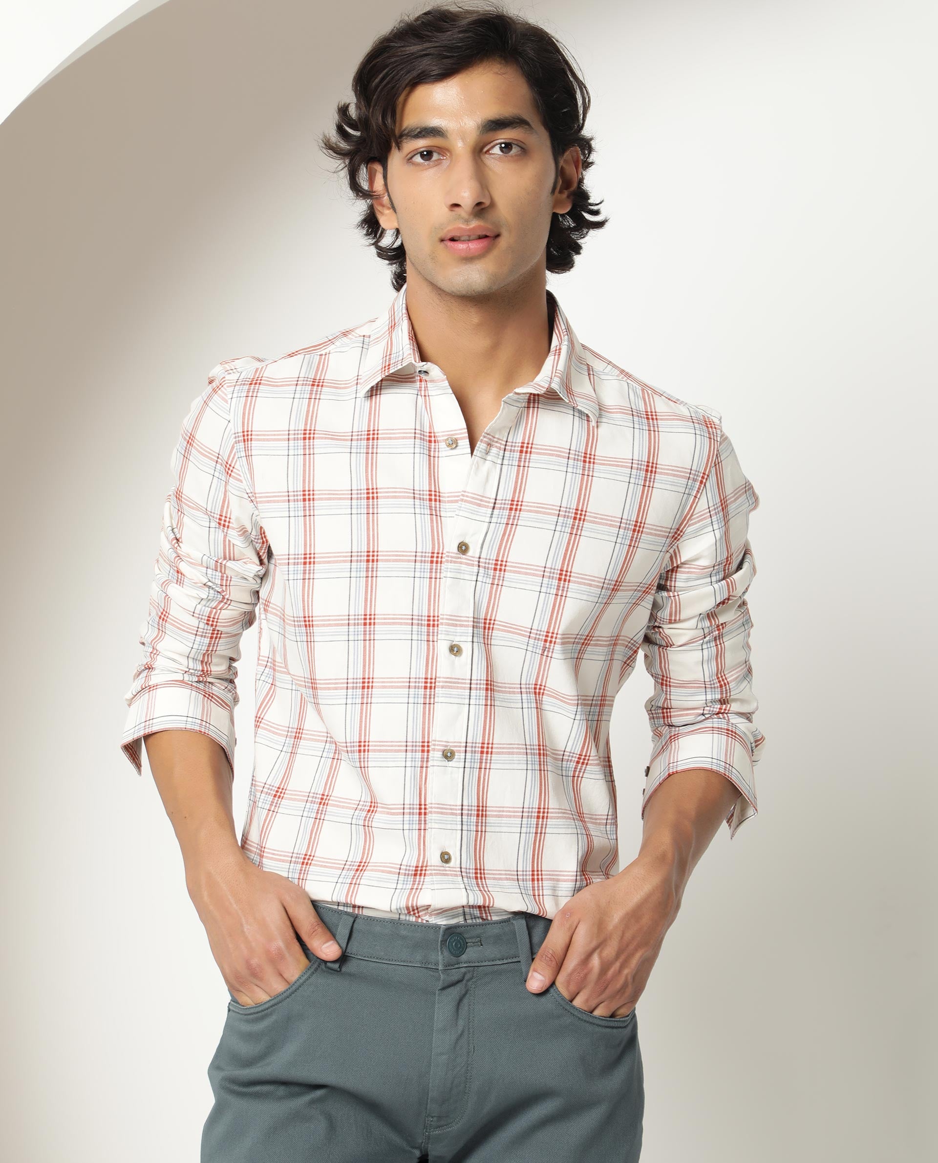 Rare Rabbit Men's Fernie Mustard Orange Fabric Full Sleeves Checks Shirt