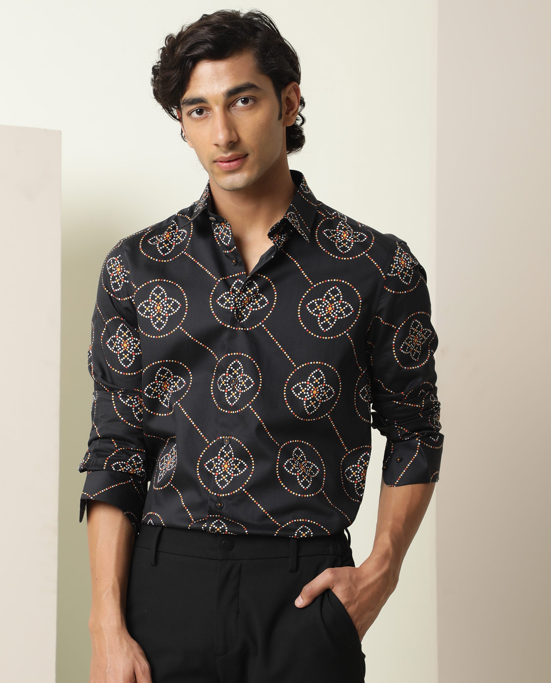 Rare Rabbit Men's Remus Black Cotton Fabric Geometric Print Full Sleeves Shirt