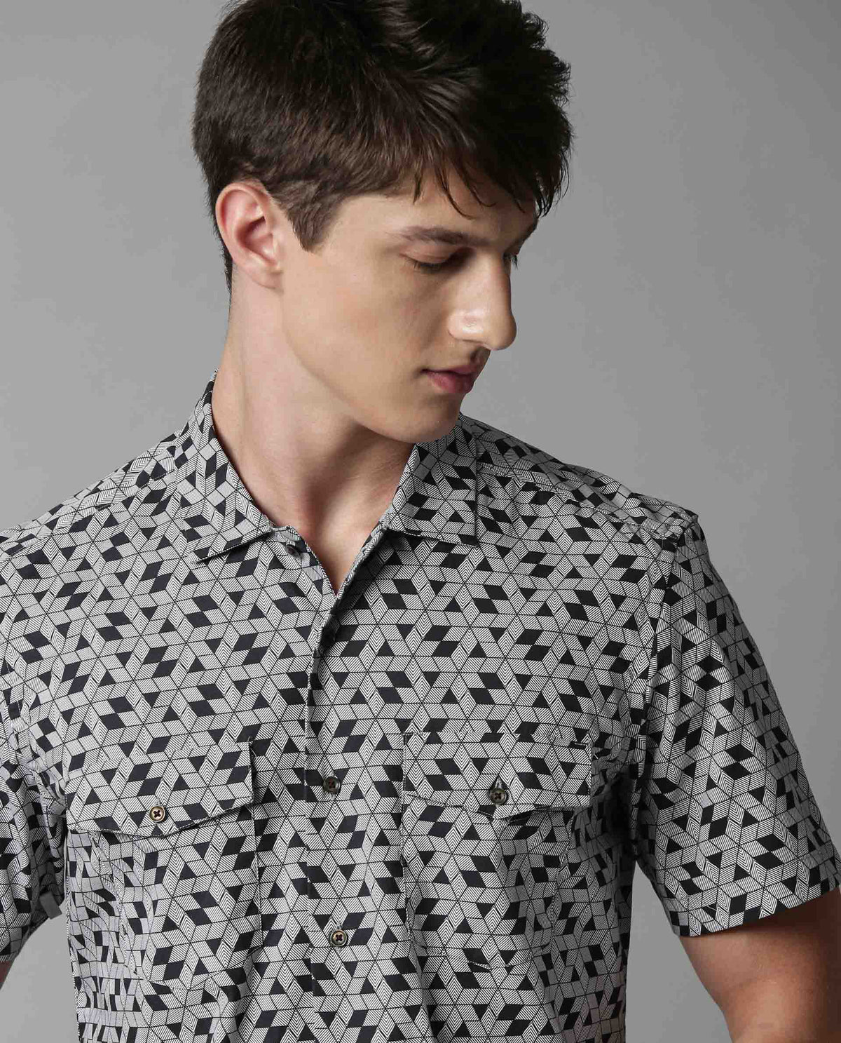 RARE RABBIT MEN'S PUZZLE BLACK SHIRT SHORT SLEEVES PRINT SLIM FIT
