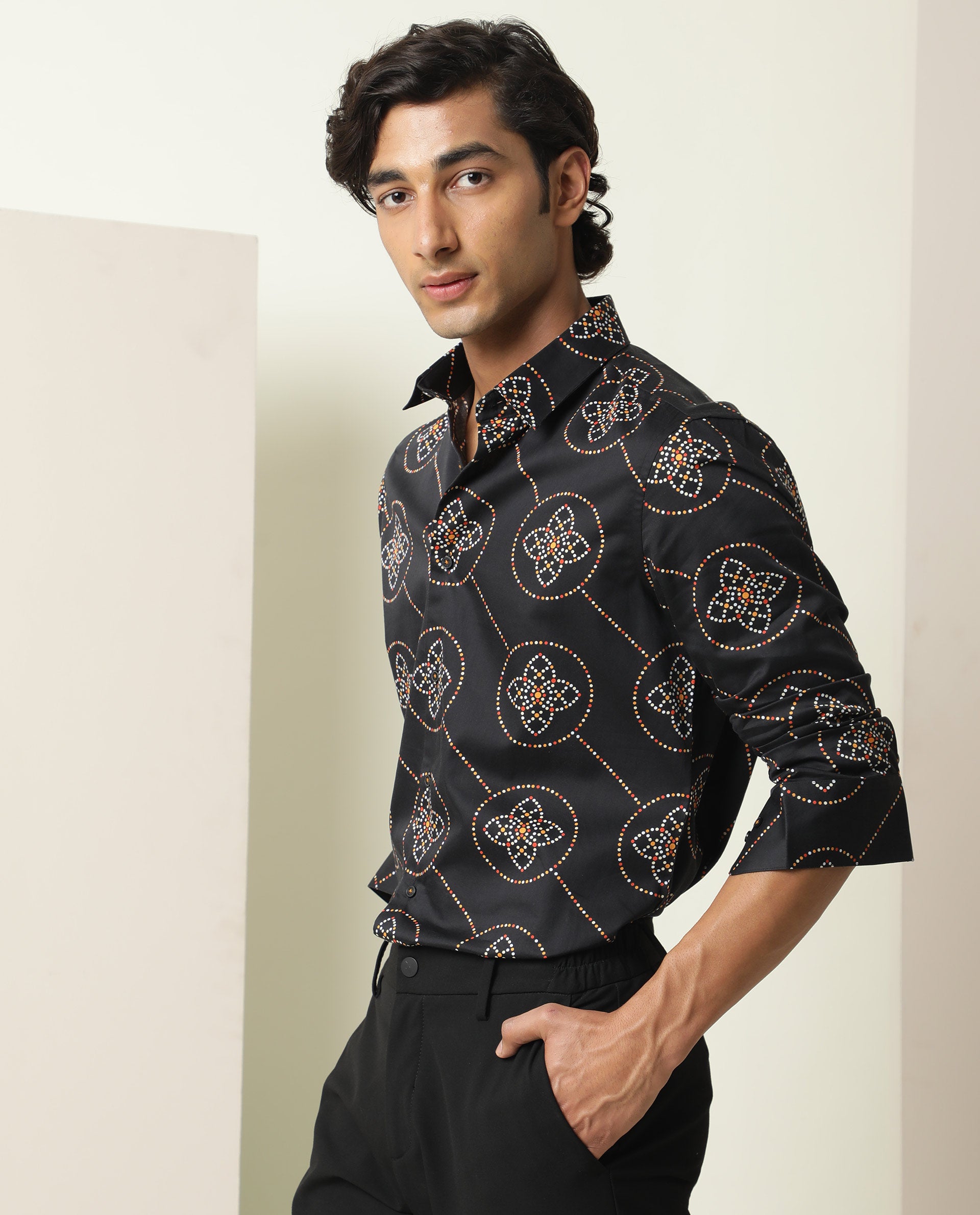 Rare Rabbit Men's Remus Black Cotton Fabric Geometric Print Full Sleeves Shirt