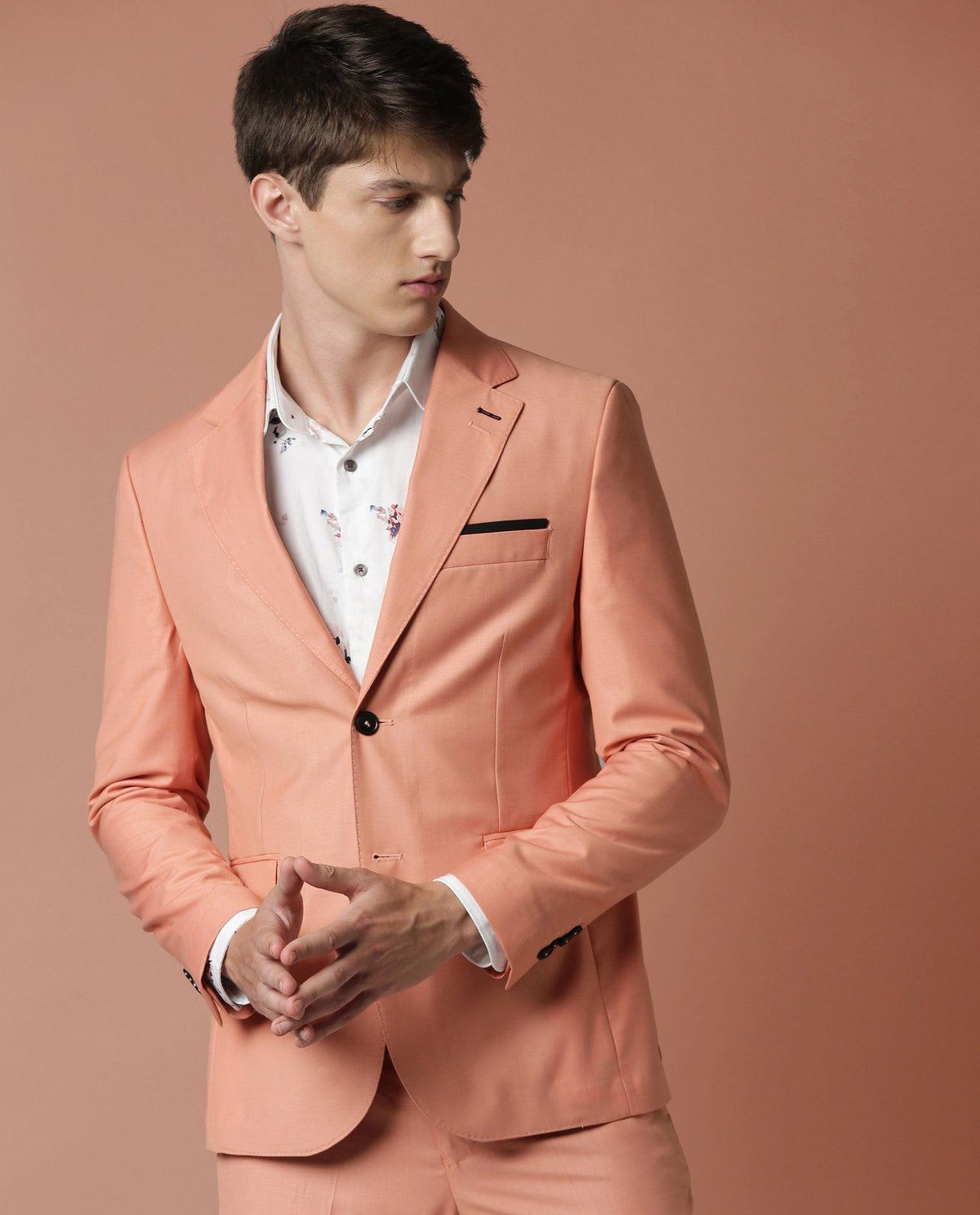 Rare Rabbit Men'S Ablaze Peach Blazer Full Sleeves Solid Slim Fit
