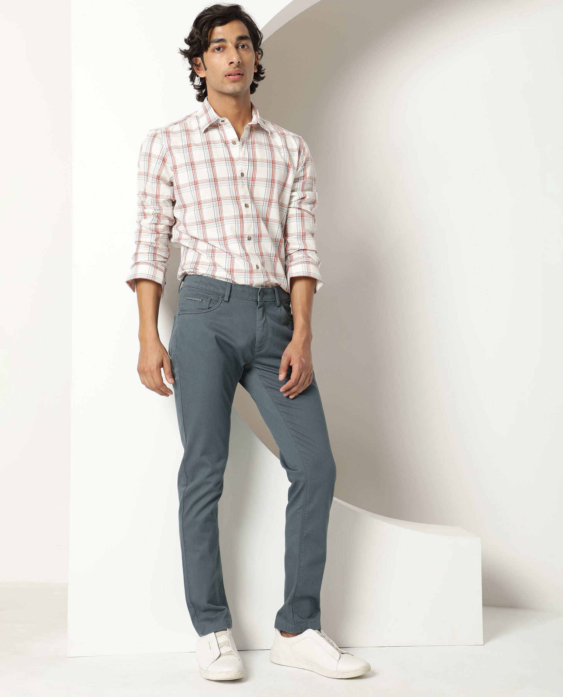 Rare Rabbit Men's Fernie Mustard Orange Fabric Full Sleeves Checks Shirt