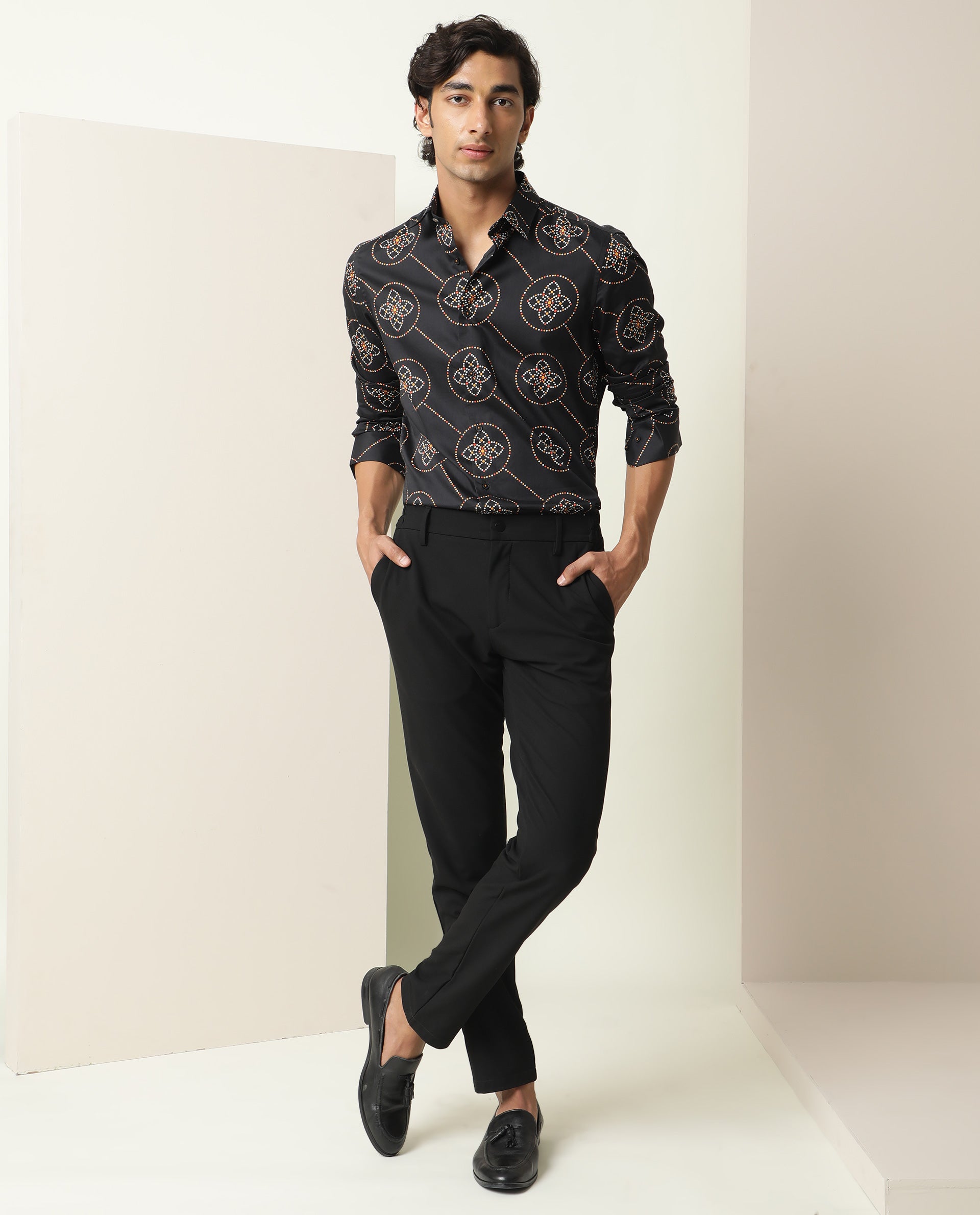 Rare Rabbit Men's Remus Black Cotton Fabric Geometric Print Full Sleeves Shirt