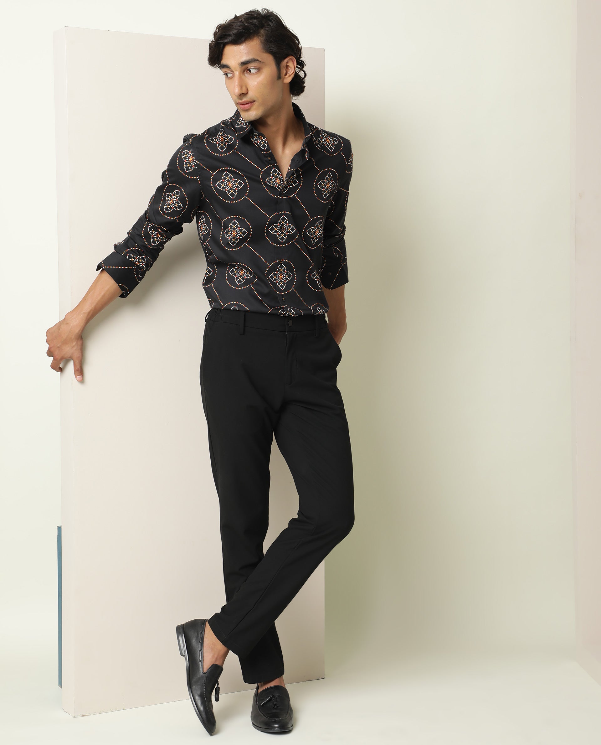 Rare Rabbit Men's Remus Black Cotton Fabric Geometric Print Full Sleeves Shirt