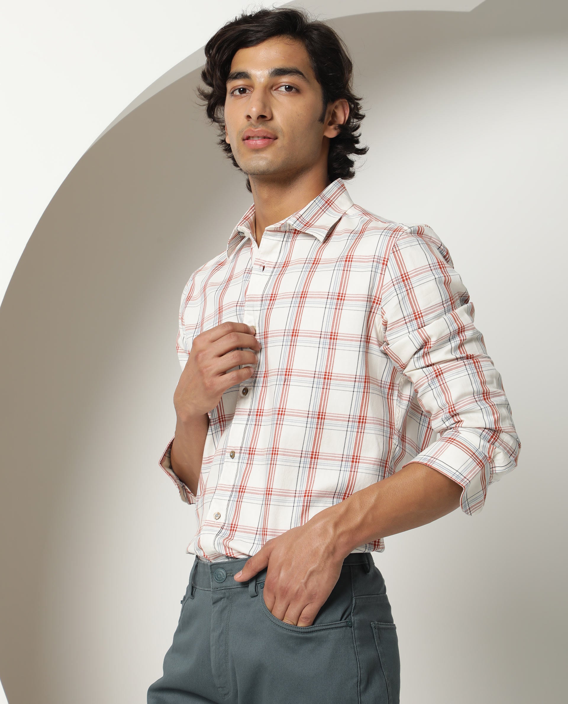 Rare Rabbit Men's Fernie Mustard Orange Fabric Full Sleeves Checks Shirt