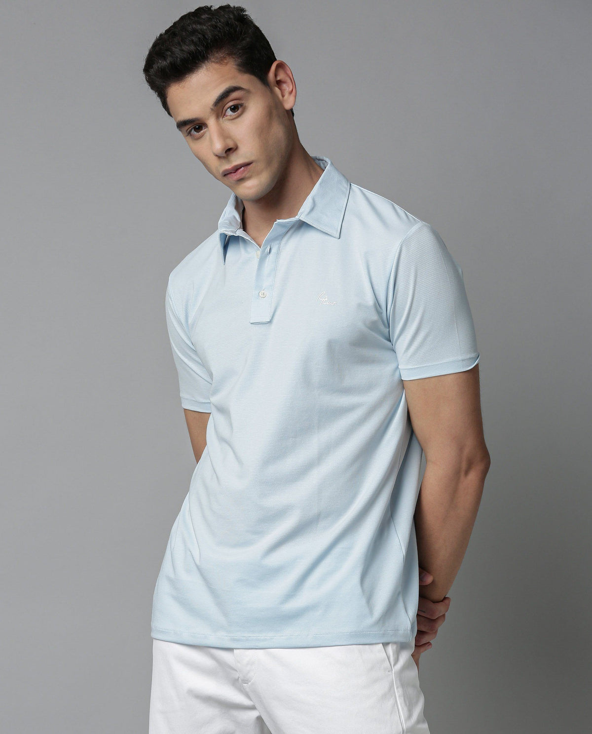 Rare Rabbit Men's Sailor Blue Solid Cotton Fabric Collared Neck Half-Sleeve Polo