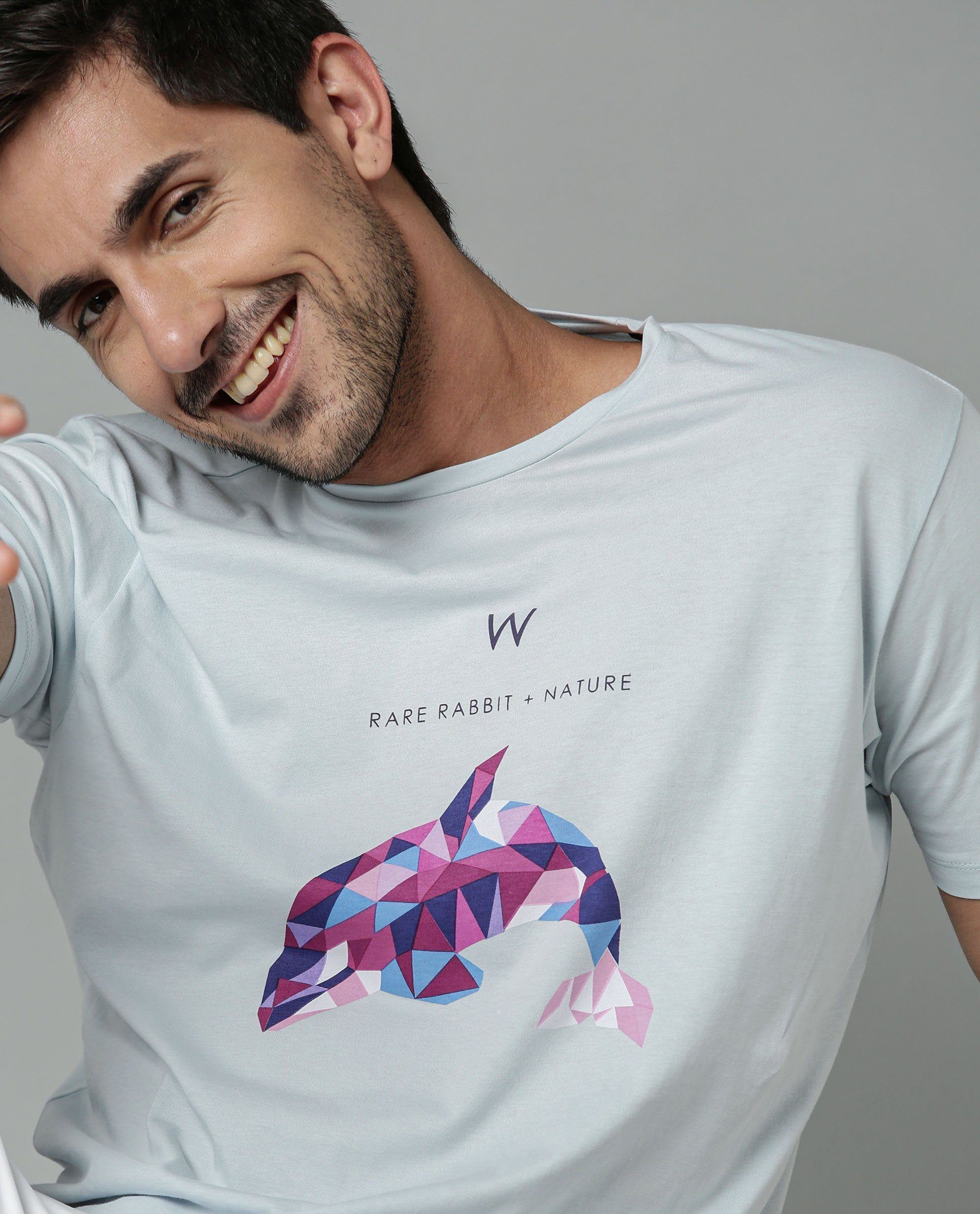 Rare Rabbit Men's Cause Blue Crew Neck Statement Graphic Print Half Sleeves Slim Fit T-Shirt