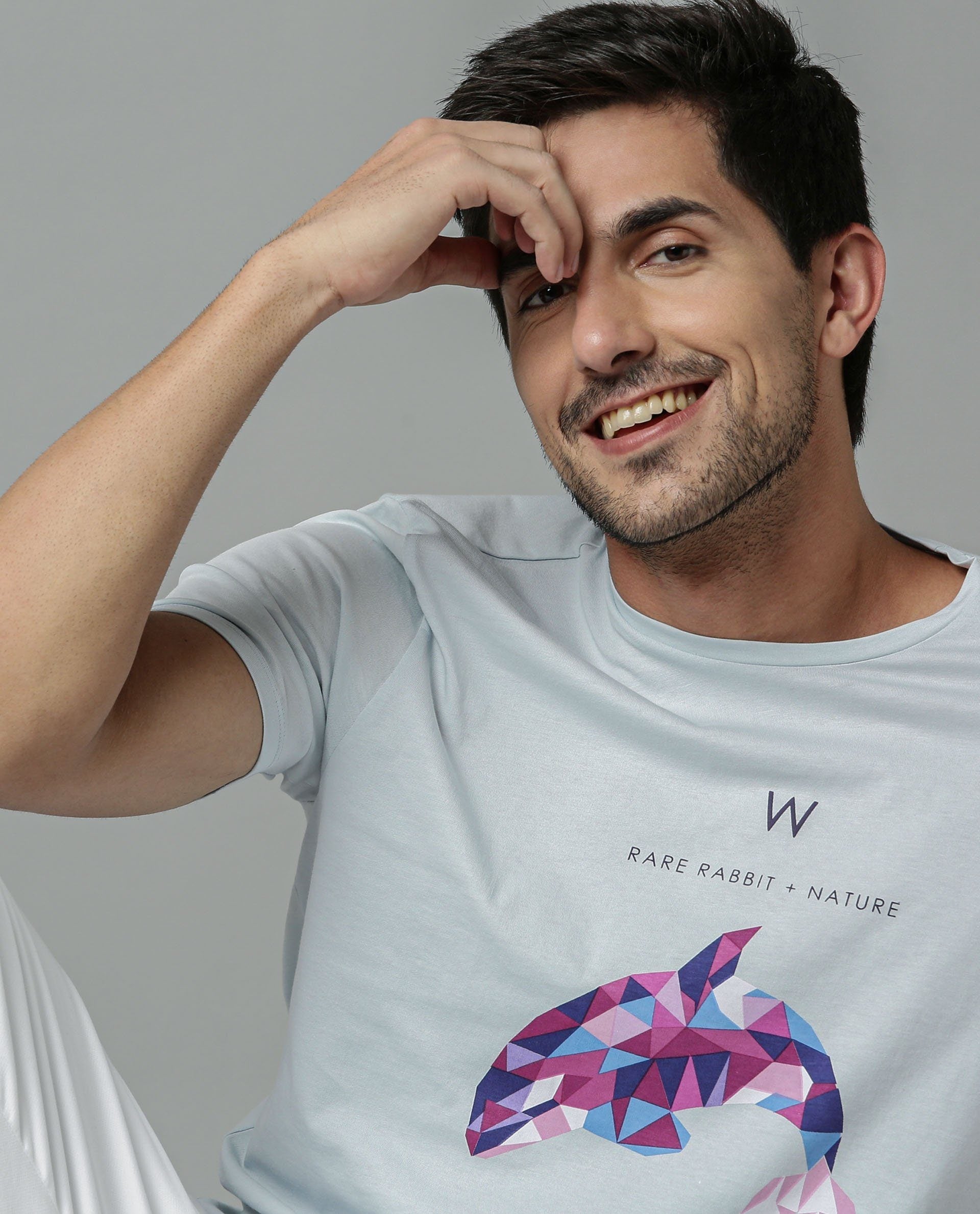 Rare Rabbit Men's Cause Blue Crew Neck Statement Graphic Print Half Sleeves Slim Fit T-Shirt