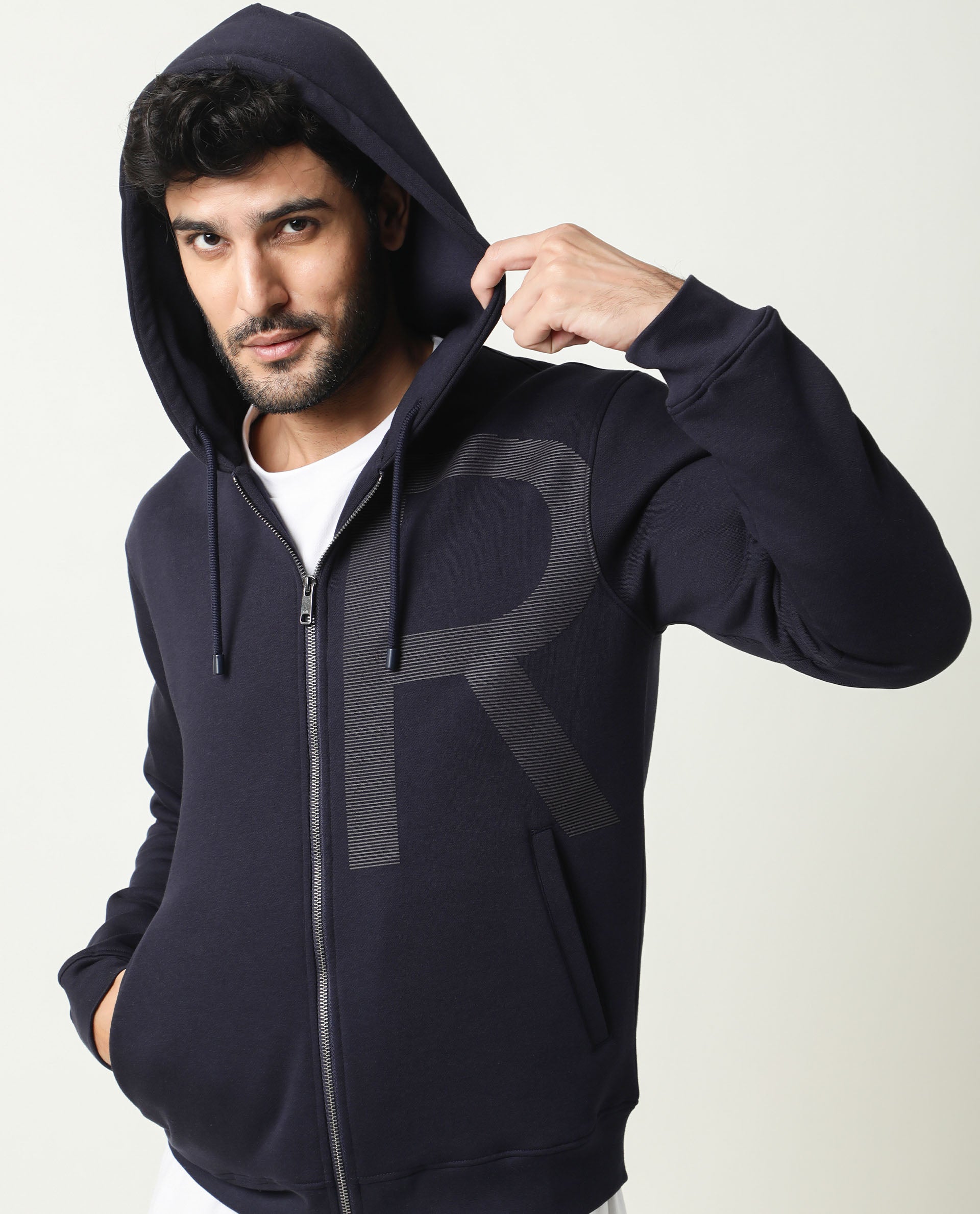 Rare Rabbit Men'S Albell Navy Sweatshirt Cotton Polyester Fabric Hooded Neck Full Sleeves Zipper Closure Slim Fit