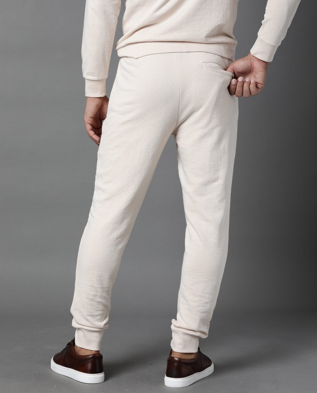 RARE RABBIT MEN'S ARVON BEIGE TRACK PANT COTTON POLY FABRIC SOLID SLIM FIT MID RISE