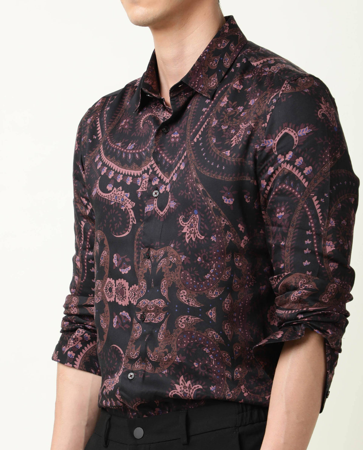 RARE RABBIT MEN'S BRIZ BLACK SHIRT MODAL FABRIC COLLARED NECK FULL SLEEVES BUTTON CLOSURE SLIM FIT