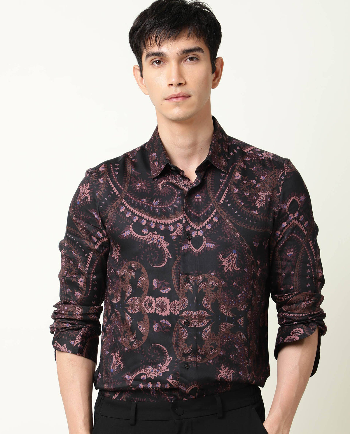 RARE RABBIT MEN'S BRIZ BLACK SHIRT MODAL FABRIC COLLARED NECK FULL SLEEVES BUTTON CLOSURE SLIM FIT