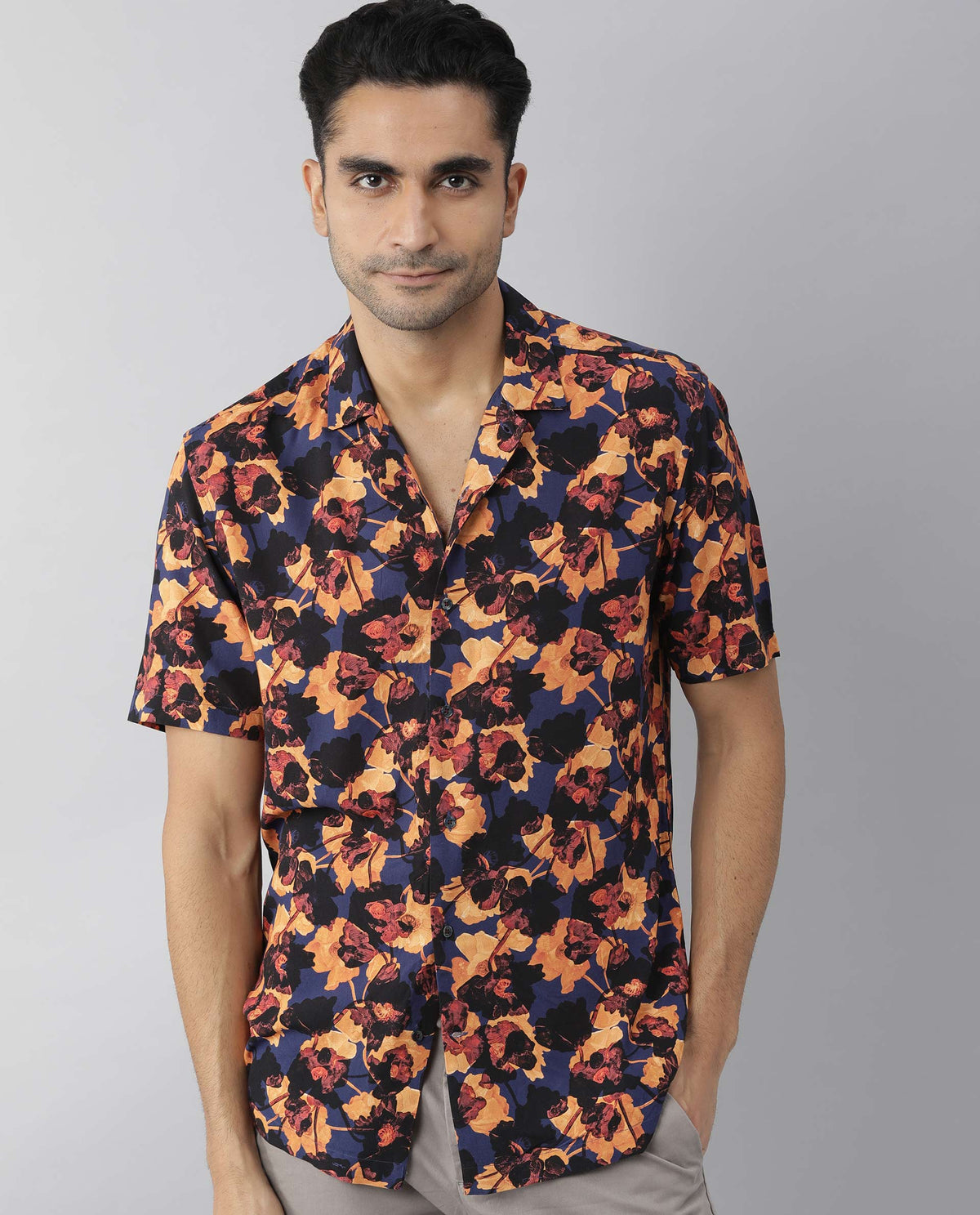 Rare Rabbit Mens Brooke Navy Shirt Cotton Fabric Slim Fit Collar Collar Short Sleeve