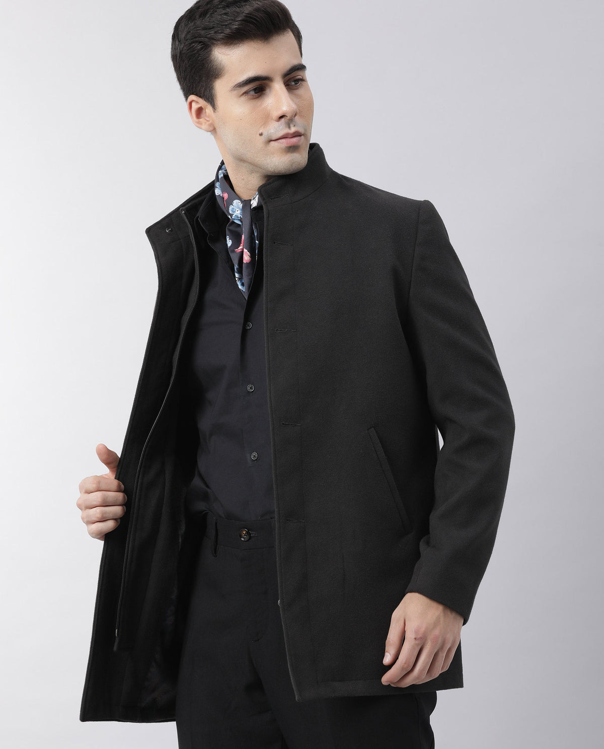 RARE RABBIT BRUSH PRIMARY BLACK JACKET POLYESTER FABRIC FULL SLEEVE MANDARIN COLLAR SLIM FIT