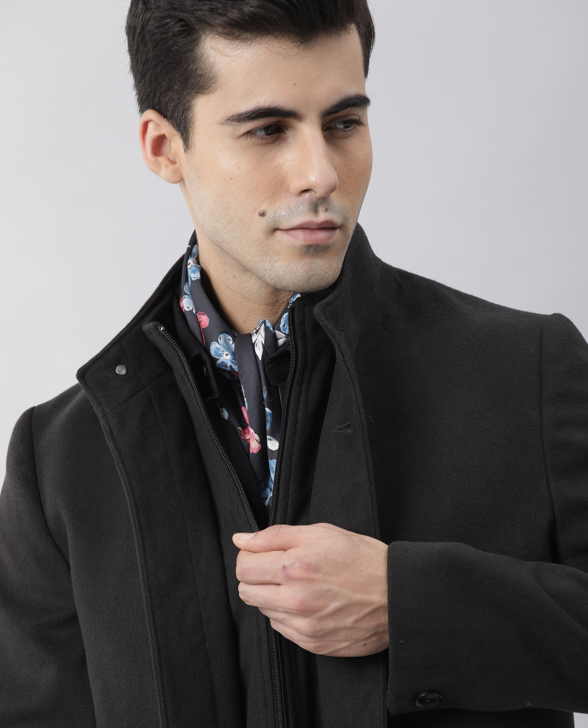 RARE RABBIT BRUSH PRIMARY BLACK JACKET POLYESTER FABRIC FULL SLEEVE MANDARIN COLLAR SLIM FIT