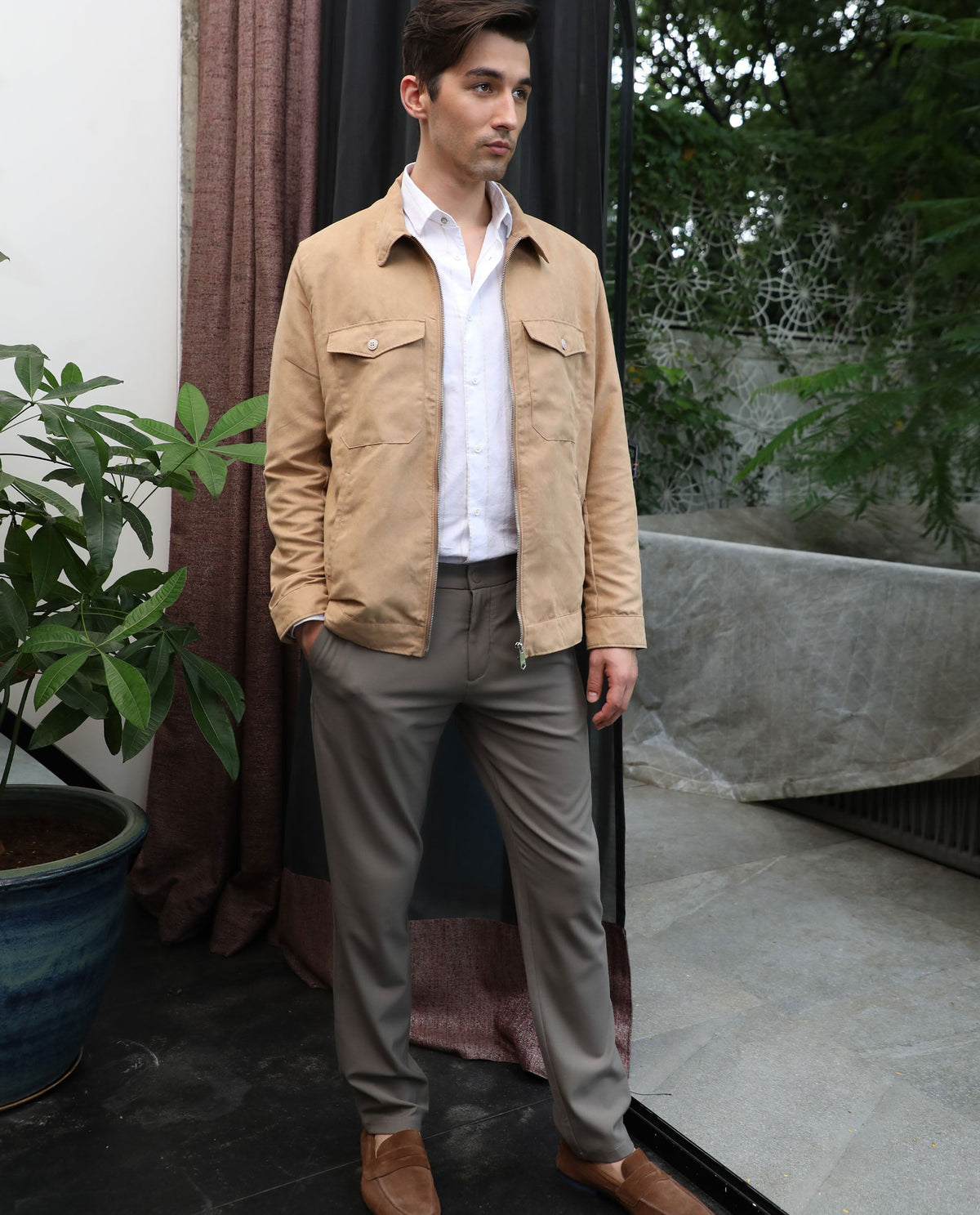 RARE RABBIT MEN'S BURNING KHAKI JACKET POLYESTER FABRIC FULL SLEEVES SOLID SLIM FIT