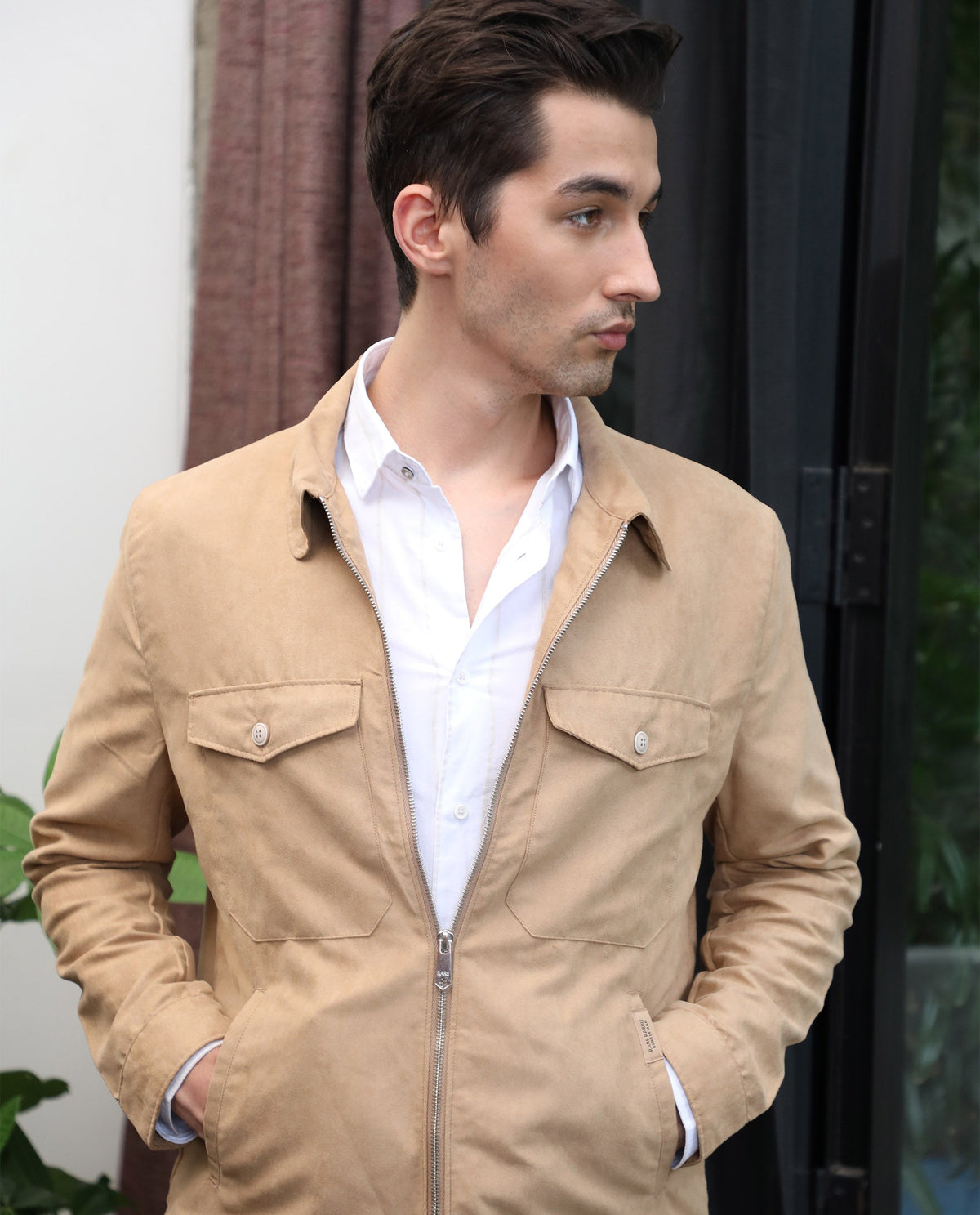 RARE RABBIT MEN'S BURNING KHAKI JACKET POLYESTER FABRIC FULL SLEEVES SOLID SLIM FIT