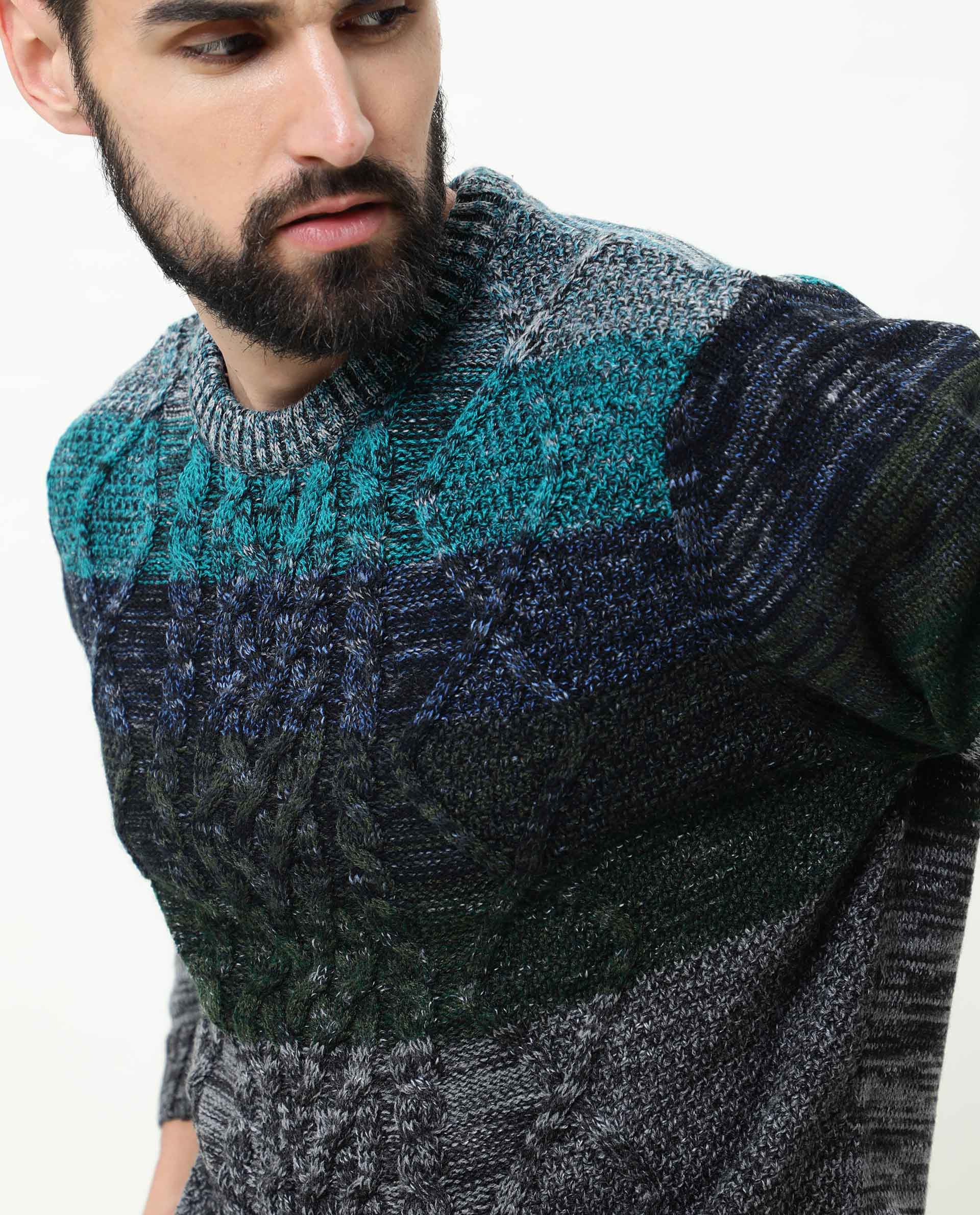 Rare Rabbit Men'S Grindle Green Pullover Acrylic Fabric Round Neck Full Sleeves Slim Fit